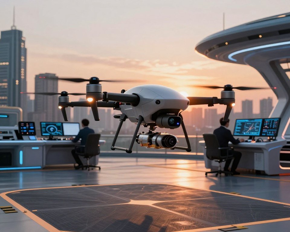 A futuristic scene showcasing an advanced drone preparing for automatic landing in a high-tech environment. In the foreground, the drone hovers above a landing pad with visible sensors and propellers, demonstrating its payload capacity with various technical equipment underneath. The middle ground features a sleek, modern control station with operators dressed in professional attire closely monitoring data screens that display flight metrics. In the background, a vibrant urban skyline is illuminated by a sunset, casting a warm glow across the scene. Use dramatic lighting to highlight the drone's design and create a sense of innovation and cutting-edge technology, with a slight depth of field effect to focus attention on the drone in operation. Overall, the atmosphere should feel dynamic and forward-thinking, evoking excitement about the future of flight. A futuristic scene showcasing an advanced drone preparing for automatic landing in a high-tech environment. In the foreground, the drone hovers above a landing pad with visible sensors and propellers, demonstrating its payload capacity with various technical equipment underneath. The middle ground features a sleek, modern control station with operators dressed in professional attire closely monitoring data screens that display flight metrics. In the background, a vibrant urban skyline is illuminated by a sunset, casting a warm glow across the scene. Use dramatic lighting to highlight the drone's design and create a sense of innovation and cutting-edge technology, with a slight depth of field effect to focus attention on the drone in operation. Overall, the atmosphere should feel dynamic and forward-thinking, evoking excitement about the future of flight.
