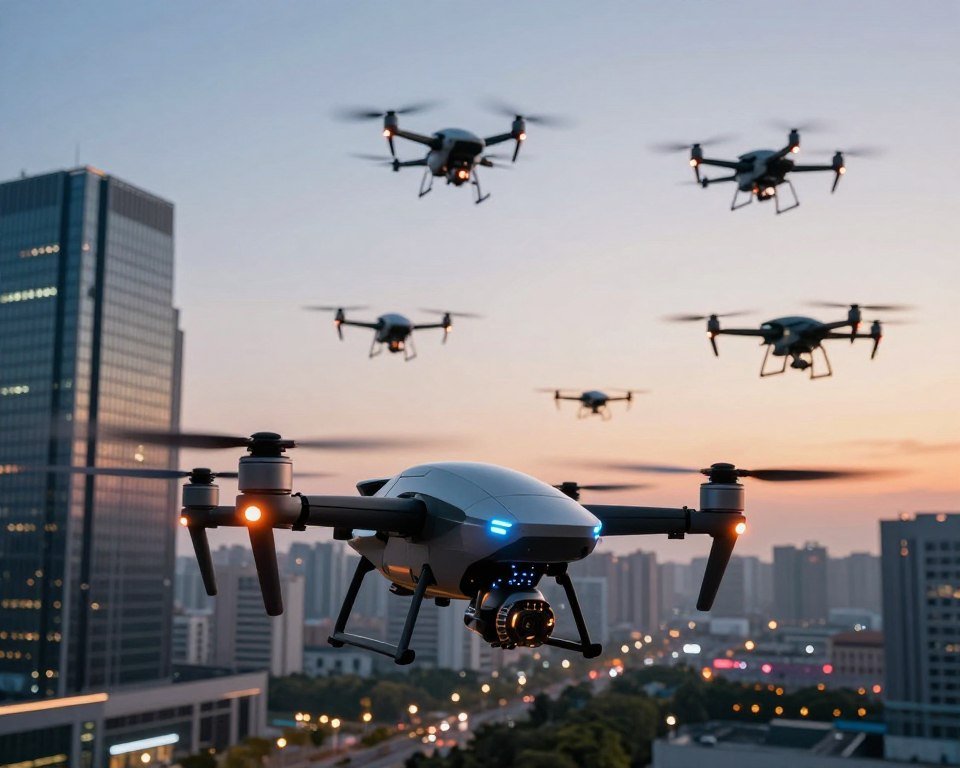 A futuristic scene showcasing innovative drone technology and advanced flight modes. In the foreground, a sleek, cutting-edge drone with vibrant LED lights is hovering, displaying intricate mechanical details. The middle ground features drones in various dynamic flight positions, demonstrating features like vertical take-off, 360-degree spins, and formation flying. The background reveals a modern urban skyline at dusk, with soft ambient lighting that reflects off the glass buildings. The atmosphere is filled with a sense of excitement and innovation, enhanced by a warm, glowing sunset. The overall composition captures the essence of technological advancement in an engaging and visually striking manner, shot with a wide-angle lens to emphasize depth and action. A futuristic scene showcasing innovative drone technology and advanced flight modes. In the foreground, a sleek, cutting-edge drone with vibrant LED lights is hovering, displaying intricate mechanical details. The middle ground features drones in various dynamic flight positions, demonstrating features like vertical take-off, 360-degree spins, and formation flying. The background reveals a modern urban skyline at dusk, with soft ambient lighting that reflects off the glass buildings. The atmosphere is filled with a sense of excitement and innovation, enhanced by a warm, glowing sunset. The overall composition captures the essence of technological advancement in an engaging and visually striking manner, shot with a wide-angle lens to emphasize depth and action.