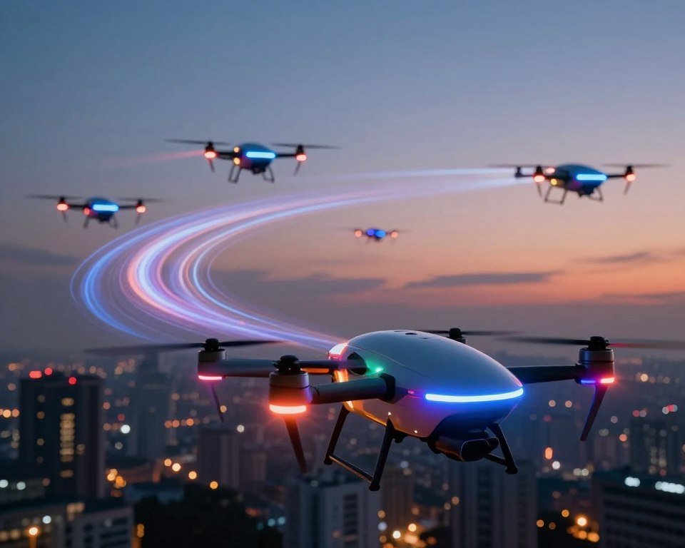 A futuristic scene showcasing innovative luminous drones in flight at dusk. In the foreground, a sleek, modern drone is illuminated with vibrant LED lights emitting a spectrum of colors, highlighting its advanced design and features. In the middle ground, multiple drones swirl gracefully through the air, leaving trails of light that create a mesmerizing display against the twilight sky. The background features a city skyline with silhouettes of buildings, softly lit by ambient city lights, enhancing the contrast between the drones and their environment. The image should have a dynamic angle, capturing the drones in motion, with a focus on their ethereal glow. The overall mood is energetic and awe-inspiring, reflecting the cutting-edge technology and creativity in the world of luminous drones.