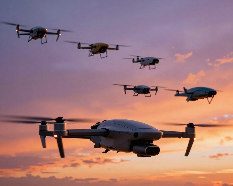 A futuristic scene showcasing the evolution of technological drones, focusing on advanced aerial maneuvering capabilities. In the foreground, a sleek, modern drone with intricate designs glides effortlessly through the air, capturing dynamic aerial movements. The middle layer features a variety of drones from different eras, showcasing a timeline of progression, with older models gradually evolving into cutting-edge technology. The background is a vibrant sky at sunset, casting warm hues of orange and purple, enhancing the overall mood of innovation and exploration. Soft, dramatic lighting highlights the features of each drone, while a slight motion blur adds a sense of speed and agility. The angle is slightly below eye level, giving a powerful perspective on the drones in flight, emphasizing their agility and advanced engineering. A futuristic scene showcasing the evolution of technological drones, focusing on advanced aerial maneuvering capabilities. In the foreground, a sleek, modern drone with intricate designs glides effortlessly through the air, capturing dynamic aerial movements. The middle layer features a variety of drones from different eras, showcasing a timeline of progression, with older models gradually evolving into cutting-edge technology. The background is a vibrant sky at sunset, casting warm hues of orange and purple, enhancing the overall mood of innovation and exploration. Soft, dramatic lighting highlights the features of each drone, while a slight motion blur adds a sense of speed and agility. The angle is slightly below eye level, giving a powerful perspective on the drones in flight, emphasizing their agility and advanced engineering.