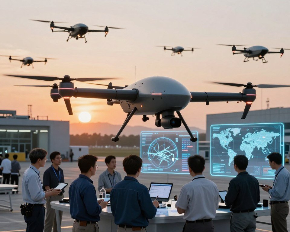 A futuristic setting showcasing recent international drone projects and developments. In the foreground, a sleek combat drone hovers with its sophisticated sensors and weaponry visible, crafted from advanced materials. The middle ground features a diverse group of engineers in professional attire, analyzing data on tablets and discussing design plans, surrounded by holographic interfaces displaying drone schematics and global maps. In the background, a panoramic view of a high-tech testing facility with drones of various sizes taking off into a sunset-lit sky, radiating an atmosphere of innovation and ambition. The lighting is warm and dynamic, highlighting the activity and creating a sense of urgency, as if this is the dawn of a new era in aviation technology. The scene conveys a mood of excitement and forward-thinking, representing the cutting-edge of drone technology.