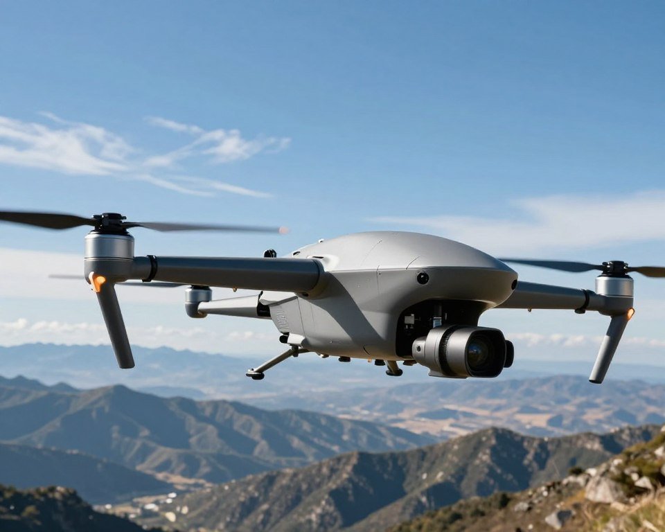 A high-altitude drone equipped with advanced technical features, prominently displayed in the foreground with close-up views showcasing its sleek design and intricate components like multi-rotor propellers and high-resolution cameras. The middle ground presents a panoramic landscape view, featuring rugged mountains and a clear blue sky, emphasizing the drone's operational environment at altitude. In the background, wispy clouds float, adding depth to the sky. The lighting is bright and natural, suggesting midday sun, illuminating the drone and enhancing its metallic textures. Capture the image from a slightly low angle to lend a sense of power and technology. The mood is professional and innovative, reflecting the cutting-edge nature of aerospace technology. No text or watermarks are included. A high-altitude drone equipped with advanced technical features, prominently displayed in the foreground with close-up views showcasing its sleek design and intricate components like multi-rotor propellers and high-resolution cameras. The middle ground presents a panoramic landscape view, featuring rugged mountains and a clear blue sky, emphasizing the drone's operational environment at altitude. In the background, wispy clouds float, adding depth to the sky. The lighting is bright and natural, suggesting midday sun, illuminating the drone and enhancing its metallic textures. Capture the image from a slightly low angle to lend a sense of power and technology. The mood is professional and innovative, reflecting the cutting-edge nature of aerospace technology. No text or watermarks are included.