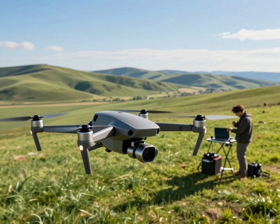 A high-altitude drone flying over a picturesque landscape, capturing stunning aerial photography. In the foreground, the drone is sleek and modern, equipped with advanced cameras and sensors, casting a faint shadow on the vibrant green terrain below. In the middle ground, a professional photographer, dressed in smart casual attire, is analyzing the images on a laptop while standing next to a portable workstation, showcasing the practical use of drones in photography. In the background, a breathtaking panorama of rolling hills and a clear blue sky highlights the endless possibilities of drone applications. Soft, natural sunlight enhances the scene, creating a bright and inspiring atmosphere, with dynamic camera angles emphasizing both the drone and the breathtaking landscape. The image conveys innovation, technology, and the professional use of drones in photography. A high-altitude drone flying over a picturesque landscape, capturing stunning aerial photography. In the foreground, the drone is sleek and modern, equipped with advanced cameras and sensors, casting a faint shadow on the vibrant green terrain below. In the middle ground, a professional photographer, dressed in smart casual attire, is analyzing the images on a laptop while standing next to a portable workstation, showcasing the practical use of drones in photography. In the background, a breathtaking panorama of rolling hills and a clear blue sky highlights the endless possibilities of drone applications. Soft, natural sunlight enhances the scene, creating a bright and inspiring atmosphere, with dynamic camera angles emphasizing both the drone and the breathtaking landscape. The image conveys innovation, technology, and the professional use of drones in photography.