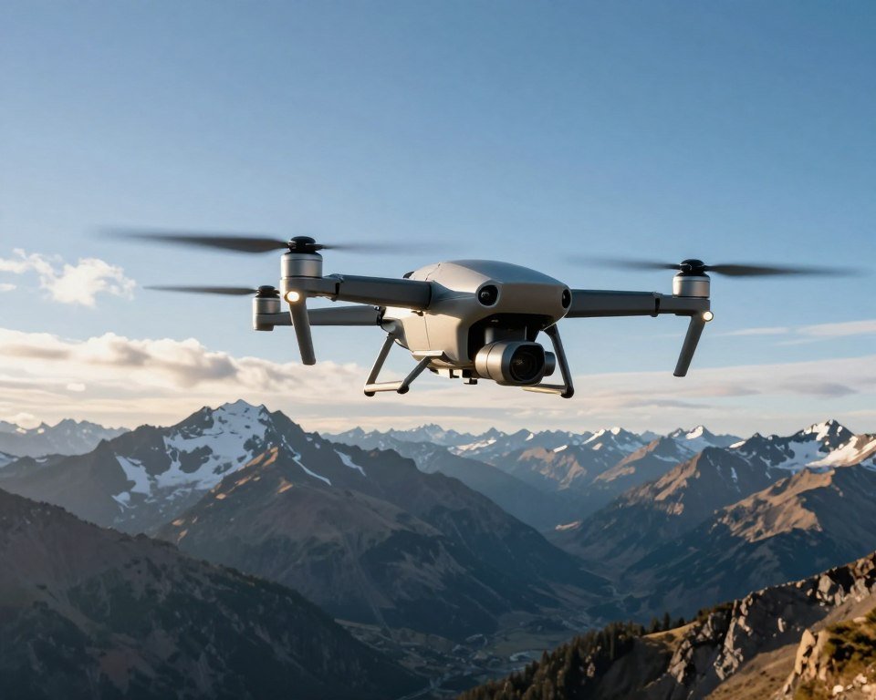 A high-altitude drone soaring through a breathtaking mountainous landscape, showcasing its sleek design and advanced technology. In the foreground, the drone is depicted with a polished metallic finish, equipped with multiple sensors and cameras, capturing the vast scenery below. The middle ground features rugged, snow-capped peaks below a clear blue sky, conveying a sense of elevation and freedom. Wispy clouds drift by, illuminated by warm sunlight, enhancing the whole composition with a sense of adventure and innovation. The background fades into distant mountains, enhancing the perception of height and open space. The atmosphere is one of tranquility and exploration, inspiring awe at the potential for high-altitude flight. The image is captured with a wide-angle lens, emphasizing the drone's integration with the majestic outdoor environment. A high-altitude drone soaring through a breathtaking mountainous landscape, showcasing its sleek design and advanced technology. In the foreground, the drone is depicted with a polished metallic finish, equipped with multiple sensors and cameras, capturing the vast scenery below. The middle ground features rugged, snow-capped peaks below a clear blue sky, conveying a sense of elevation and freedom. Wispy clouds drift by, illuminated by warm sunlight, enhancing the whole composition with a sense of adventure and innovation. The background fades into distant mountains, enhancing the perception of height and open space. The atmosphere is one of tranquility and exploration, inspiring awe at the potential for high-altitude flight. The image is captured with a wide-angle lens, emphasizing the drone's integration with the majestic outdoor environment.