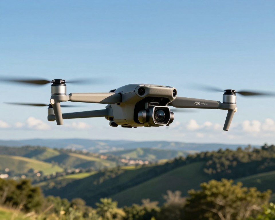 A high-end DJI Mavic 3 Pro drone captured in flight against a clear blue sky, showcasing its sleek design and high-quality camera. In the foreground, the drone hovers gracefully, with the camera lens prominently visible, glinting in the sunlight. The middle ground features a breathtaking landscape of rolling hills and lush greenery, emphasizing the drone's capability for stunning aerial photography. The background is a distant horizon with soft clouds, adding depth to the scene. The lighting is bright and natural, highlighting the drone's features while casting soft shadows. The mood is adventurous and inspiring, evoking a sense of exploration and the thrill of capturing breathtaking footage from above. A high-end DJI Mavic 3 Pro drone captured in flight against a clear blue sky, showcasing its sleek design and high-quality camera. In the foreground, the drone hovers gracefully, with the camera lens prominently visible, glinting in the sunlight. The middle ground features a breathtaking landscape of rolling hills and lush greenery, emphasizing the drone's capability for stunning aerial photography. The background is a distant horizon with soft clouds, adding depth to the scene. The lighting is bright and natural, highlighting the drone's features while casting soft shadows. The mood is adventurous and inspiring, evoking a sense of exploration and the thrill of capturing breathtaking footage from above.