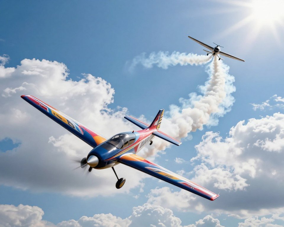 A high-energy scene depicting an RC airplane executing an impressive aerial acrobatic maneuver in mid-air, surrounded by a bright blue sky and white fluffy clouds. In the foreground, the sleek, colorful RC airplane is captured in an upward spiral, displaying vibrant decals and a shiny fuselage. In the middle background, dynamic trails of smoke illustrate the path of the aircraft as it performs a series of flips and rolls, conveying motion and skill. Sunlight bathes the entire scene, creating a dazzling effect on the airplane's surface. The atmosphere is exhilarating and action-packed, evoking a sense of thrill and adventure, perfect for showcasing aerial acrobatics techniques. A high-energy scene depicting an RC airplane executing an impressive aerial acrobatic maneuver in mid-air, surrounded by a bright blue sky and white fluffy clouds. In the foreground, the sleek, colorful RC airplane is captured in an upward spiral, displaying vibrant decals and a shiny fuselage. In the middle background, dynamic trails of smoke illustrate the path of the aircraft as it performs a series of flips and rolls, conveying motion and skill. Sunlight bathes the entire scene, creating a dazzling effect on the airplane's surface. The atmosphere is exhilarating and action-packed, evoking a sense of thrill and adventure, perfect for showcasing aerial acrobatics techniques.