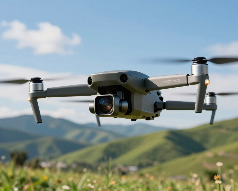 A high-quality drone camera capturing an outdoor scene. In the foreground, the drone is prominently displayed, showcasing its sleek design, with a focus on its camera lens glinting in the sunlight. The middle ground features a vibrant landscape of lush green hills, a clear blue sky, and a few wispy clouds. The background includes distant mountains, adding depth to the scene. Soft natural lighting enhances the image, with sunlight illuminating the drone, creating a professional atmosphere. The angle is slightly tilted upward, emphasizing the drone's features, while conveying an adventurous and tech-savvy mood, ideal for showcasing essential characteristics of outdoor drones. No text or watermarks are present. A high-quality drone camera capturing an outdoor scene. In the foreground, the drone is prominently displayed, showcasing its sleek design, with a focus on its camera lens glinting in the sunlight. The middle ground features a vibrant landscape of lush green hills, a clear blue sky, and a few wispy clouds. The background includes distant mountains, adding depth to the scene. Soft natural lighting enhances the image, with sunlight illuminating the drone, creating a professional atmosphere. The angle is slightly tilted upward, emphasizing the drone's features, while conveying an adventurous and tech-savvy mood, ideal for showcasing essential characteristics of outdoor drones. No text or watermarks are present.