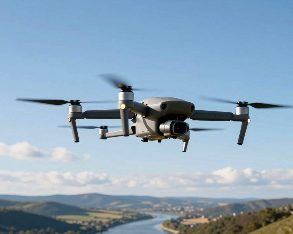 A high-quality drone soaring through a clear blue sky, showcasing its stable flight characteristics. In the foreground, the drone is sharply focused, revealing intricate details of its design such as propellers and a sleek body. The middle ground features a distant landscape of rolling hills and a winding river, emphasizing the drone's ability to navigate diverse terrains. In the background, soft white clouds create a serene atmosphere, enhancing the image's tranquillity. The lighting is bright and natural, casting gentle shadows that highlight the drone's features. The shot is taken from a low angle, giving a sense of grandeur to the drone's capabilities and performance, while maintaining a professional, polished look. A high-quality drone soaring through a clear blue sky, showcasing its stable flight characteristics. In the foreground, the drone is sharply focused, revealing intricate details of its design such as propellers and a sleek body. The middle ground features a distant landscape of rolling hills and a winding river, emphasizing the drone's ability to navigate diverse terrains. In the background, soft white clouds create a serene atmosphere, enhancing the image's tranquillity. The lighting is bright and natural, casting gentle shadows that highlight the drone's features. The shot is taken from a low angle, giving a sense of grandeur to the drone's capabilities and performance, while maintaining a professional, polished look.