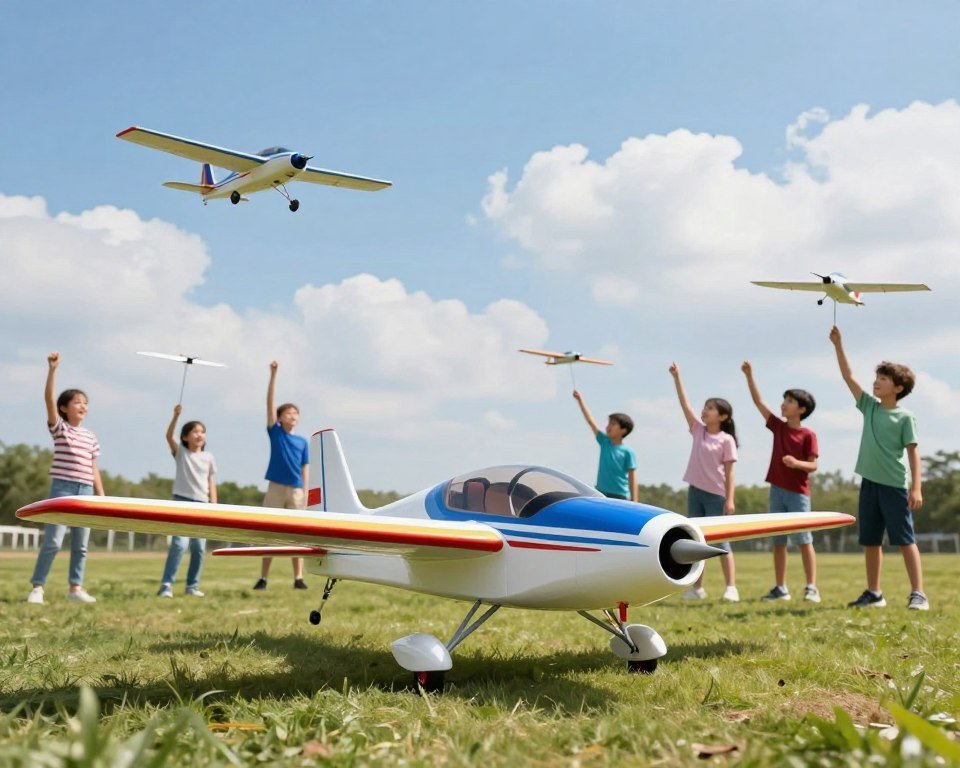 A high-quality image showcasing advanced remote control (RC) airplanes designed for children, emphasizing technology and performance. In the foreground, a sleek, modern RC airplane in vibrant colors, depicted with engaging aerodynamic features like streamlined wings and a powerful motor. In the middle ground, a diverse group of children, dressed in casual clothes, joyfully flying their RC planes in a spacious outdoor park. The background features a clear blue sky and fluffy white clouds, symbolizing freedom and adventure. Soft, natural lighting highlights the colors and details of the airplanes. The angle captures the excitement and innovations in RC technology, creating a lively and engaging atmosphere that resonates with both parents and kids.