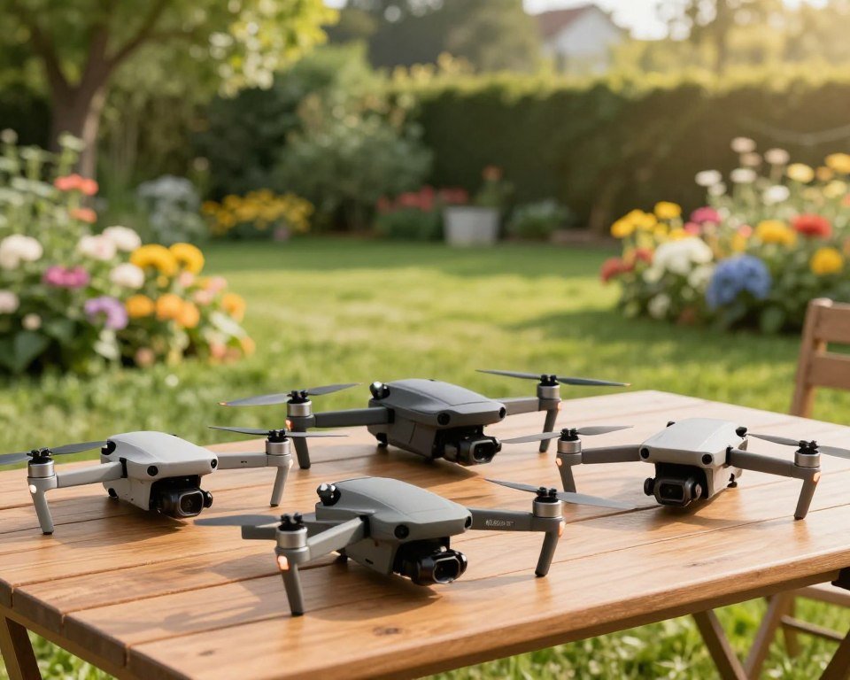 A high-quality outdoor scene showcasing a variety of drones emphasizing their excellent price-to-quality ratio. In the foreground, a selection of drones sits on a wooden table, highlighting different models and designs, such as a sleek quadcopter and a compact portable drone. In the middle ground, a lush green garden setting provides a backdrop, with colorful flowers and trees to create a vibrant atmosphere. The lighting is warm and natural, suggesting a sunny day, enhancing the vivid colors of the drones and the scenery. The angle is slightly elevated, giving a clear view of the drones while maintaining a sense of depth in the composition. This image conveys an energetic and informative mood, ideal for illustrating drone options that offer great value. A high-quality outdoor scene showcasing a variety of drones emphasizing their excellent price-to-quality ratio. In the foreground, a selection of drones sits on a wooden table, highlighting different models and designs, such as a sleek quadcopter and a compact portable drone. In the middle ground, a lush green garden setting provides a backdrop, with colorful flowers and trees to create a vibrant atmosphere. The lighting is warm and natural, suggesting a sunny day, enhancing the vivid colors of the drones and the scenery. The angle is slightly elevated, giving a clear view of the drones while maintaining a sense of depth in the composition. This image conveys an energetic and informative mood, ideal for illustrating drone options that offer great value.