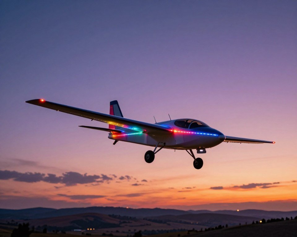 A high-quality remote-controlled airplane equipped with vibrant LED lights soaring through a clear evening sky. In the foreground, the airplane is captured in a dynamic angle, showcasing its sleek design and bright, colorful lights illuminating the wings and body. The middle ground features a distant landscape of rolling hills softly fading into the horizon, enhancing the sense of altitude and freedom. The background displays a gradient sunset sky with hues of orange, purple, and pink, creating a dramatic and captivating atmosphere. Soft reflections of the lights shimmer against a few clouds, adding depth and excitement. The overall mood is adventurous and exhilarating, perfect for showcasing the benefits of using an RC airplane with light effects.