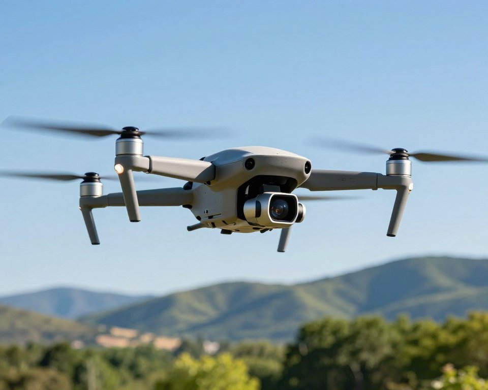 A high-tech drone equipped with a CMOS sensor and advanced video transmission capabilities hovers in mid-air against a clear blue sky. The foreground features the drone in sharp focus, showcasing its sleek design and intricate details, including the lens of the camera glinting in the sunlight. In the middle ground, we see a blurred landscape of rolling hills and a vibrant green forest, enhancing the sense of height and flight. The background consists of distant mountains under a bright, sunny atmosphere, casting soft shadows. The image conveys a mood of innovation and modernity, with bright, natural lighting emphasizing the drone's high-tech features. The angle captures the drone from a slight low perspective, highlighting its dominance in the sky and showcasing its advanced design elements.