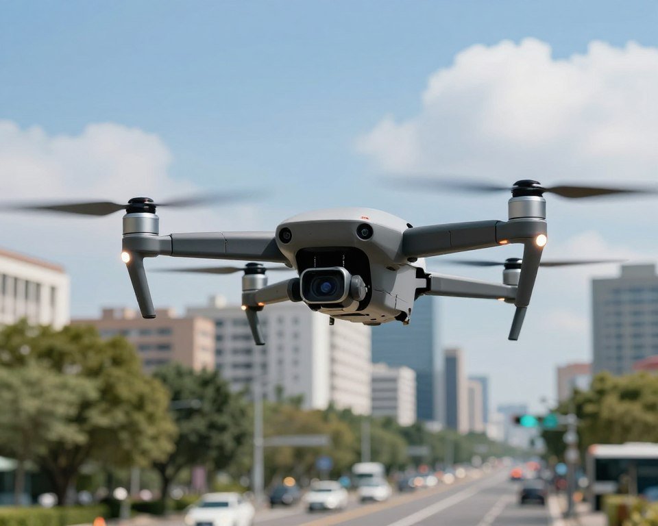 A high-tech drone equipped with advanced obstacle detection sensors hovering in an urban environment. In the foreground, showcase the drone's sleek design with visible LED lights and intricate sensor technology, capturing a sense of cutting-edge innovation. The middle ground features a variety of obstacles, like trees and buildings, against a dynamic city backdrop, creating a clear sense of depth. The background presents a bright blue sky with a few fluffy clouds, illuminating the scene with natural sunlight. Use a slightly low-angle shot to emphasize the drone's height and capabilities. The overall atmosphere is futuristic and professional, highlighting the drone's precision and efficiency in navigation. A high-tech drone equipped with advanced obstacle detection sensors hovering in an urban environment. In the foreground, showcase the drone's sleek design with visible LED lights and intricate sensor technology, capturing a sense of cutting-edge innovation. The middle ground features a variety of obstacles, like trees and buildings, against a dynamic city backdrop, creating a clear sense of depth. The background presents a bright blue sky with a few fluffy clouds, illuminating the scene with natural sunlight. Use a slightly low-angle shot to emphasize the drone's height and capabilities. The overall atmosphere is futuristic and professional, highlighting the drone's precision and efficiency in navigation.