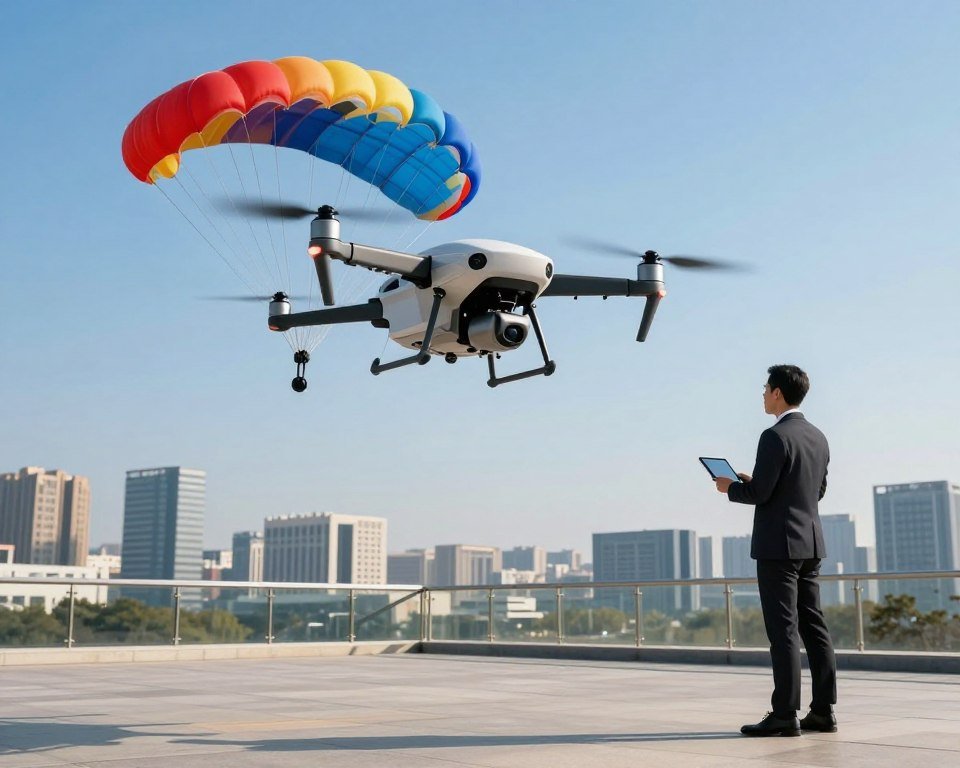 A high-tech drone equipped with an advanced anti-fall parachute system hovers in a clear blue sky. In the foreground, the drone showcases sleek design features, with visible sensors and robust construction. A gentle breeze causes its brightly colored parachute to unfurl, contrasting against the vivid sky. In the middle ground, a professional operator, dressed in a sleek business outfit, monitors the drone's performance with a tablet while standing on a well-maintained outdoor platform. The background features a modern, dynamic urban skyline, representing technological advancement. Soft sunlight illuminates the scene, creating a warm, inviting atmosphere. The image captures a moment of innovation and safety in drone technology, emphasizing the cutting-edge nature of anti-fall systems. A high-tech drone equipped with an advanced anti-fall parachute system hovers in a clear blue sky. In the foreground, the drone showcases sleek design features, with visible sensors and robust construction. A gentle breeze causes its brightly colored parachute to unfurl, contrasting against the vivid sky. In the middle ground, a professional operator, dressed in a sleek business outfit, monitors the drone's performance with a tablet while standing on a well-maintained outdoor platform. The background features a modern, dynamic urban skyline, representing technological advancement. Soft sunlight illuminates the scene, creating a warm, inviting atmosphere. The image captures a moment of innovation and safety in drone technology, emphasizing the cutting-edge nature of anti-fall systems.