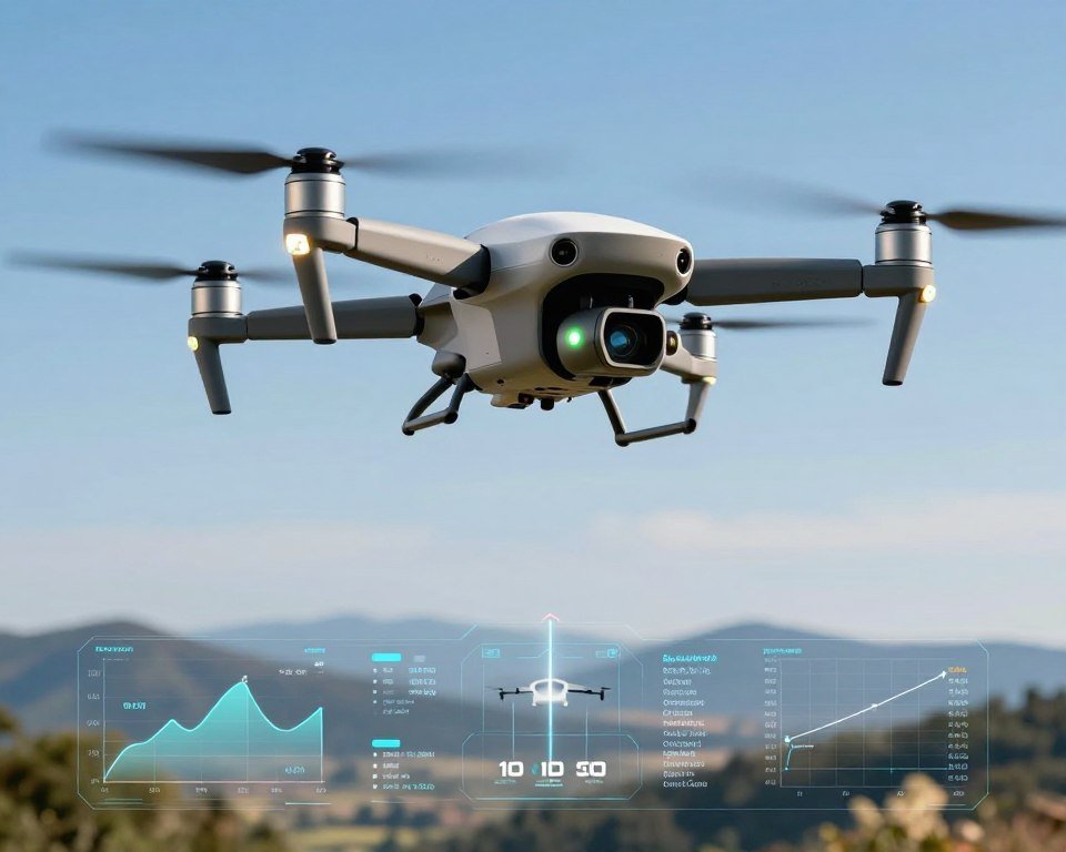 A high-tech drone hovering steadily in a bright blue sky, showcasing advanced flight modes and integrations. In the foreground, the drone features sleek, modern designs with vibrant LED indicators, highlighting its capabilities. In the middle ground, a panoramic view reveals the drone's flight path, illustrated with digital overlays and graphs that indicate various advanced functions, such as automated navigation and obstacle avoidance. The background consists of a tranquil landscape with mountains and a clear horizon, symbolizing stability and precision. The scene is illuminated by soft, natural sunlight, enhancing the details of the drone while casting gentle shadows. The mood is professional and innovative, reflecting the cutting-edge technology behind drone operations.