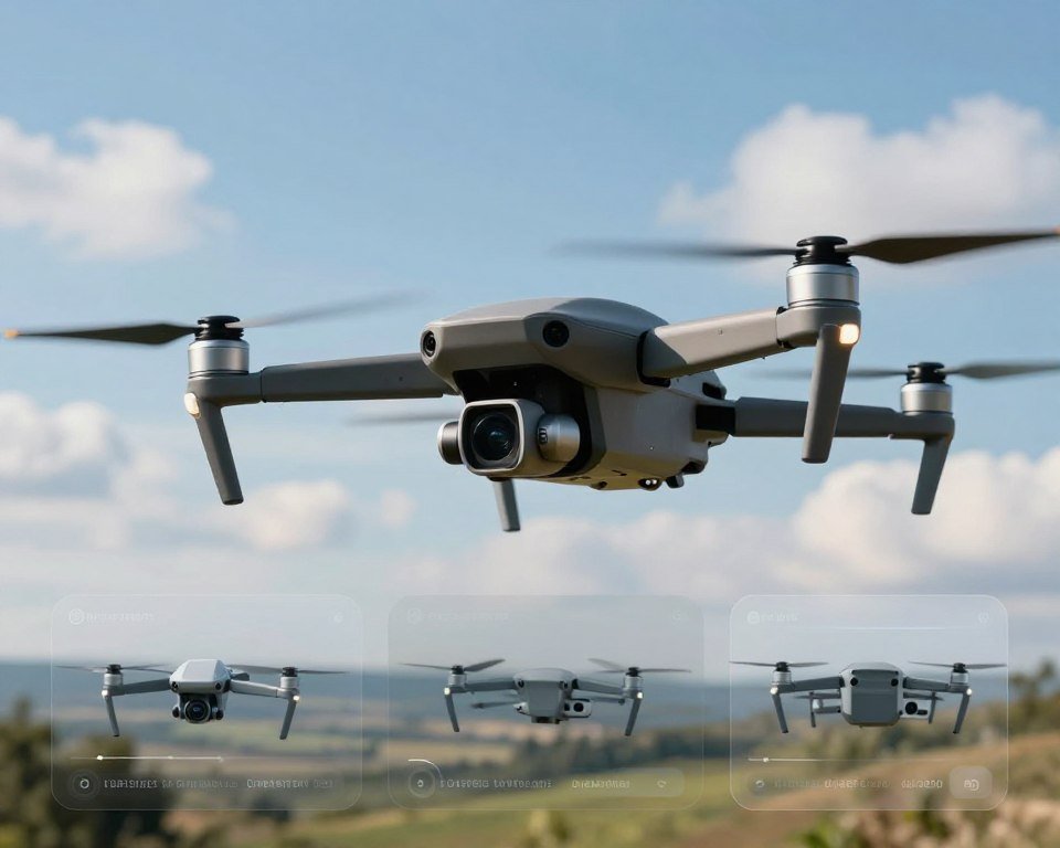 A high-tech drone in flight, showcasing precise control and intuitive handling, captured from a dynamic angle. In the foreground, the drone is positioned with its propellers in motion, highlighting its sleek design and advanced features like sensors and cameras. The middle section includes a panoramic view of an open landscape, illustrating various control modes with subtle graphical overlays depicting different maneuvering styles. The background features a clear blue sky, with soft white clouds creating a peaceful atmosphere. The scene should be illuminated with soft, natural lighting to enhance the drone's details and the landscape's colors, conveying a mood of innovation and precision in drone technology.