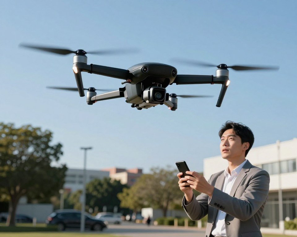 A high-tech drone is hovering steadily in mid-air, showcasing its advanced stabilization features. The drone is sleek with a glossy black exterior and prominent rotors, highlighted against a clear blue sky. In the foreground, a professional-looking individual in a modest business outfit is closely observing the drone, inspecting its functionality with an intrigued expression. The sunlight casts dynamic shadows, creating a sense of movement and innovation. In the middle ground, trees and buildings provide context, emphasizing the drone’s usage in urban environments. The scene conveys a mood of exploration and technological advancement, captured from a low angle to accentuate the drone's impressive hovering capabilities and its seamless integration into the modern landscape. A high-tech drone is hovering steadily in mid-air, showcasing its advanced stabilization features. The drone is sleek with a glossy black exterior and prominent rotors, highlighted against a clear blue sky. In the foreground, a professional-looking individual in a modest business outfit is closely observing the drone, inspecting its functionality with an intrigued expression. The sunlight casts dynamic shadows, creating a sense of movement and innovation. In the middle ground, trees and buildings provide context, emphasizing the drone’s usage in urban environments. The scene conveys a mood of exploration and technological advancement, captured from a low angle to accentuate the drone's impressive hovering capabilities and its seamless integration into the modern landscape.