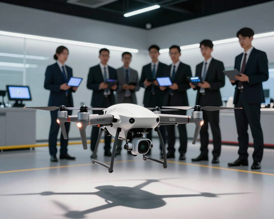 A high-tech drone performing a precise maneuver in a controlled environment, showcasing advanced technology and safety features. In the foreground, the drone hovers steadily, equipped with sophisticated sensors and multi-directional propellers, casting a sleek shadow on the ground. The middle ground features a team of professionals in smart business attire, intently monitoring the drone's flight path on portable screens, their expressions focused and determined. The background showcases a modern, well-lit testing facility with safety barriers and control panels. Soft, ambient lighting highlights the professionalism of the setting and enhances the mood of precision and control. The angle captures the action from slightly below, emphasizing the drone's dominance in the scene, without any text or branding.