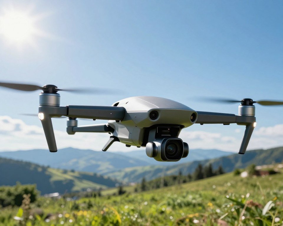 A high-tech drone with a sleek, aerodynamic design sits prominently in the foreground, showcasing its 360-degree rotating camera mechanism. The drone's body reflects a futuristic metallic finish with intricate details like LED lights and sensor arrays. In the middle ground, lush green landscape and clear blue skies provide an ideal outdoor setting for aerial photography. The background features distant mountains and a bright sun illuminating the scene, casting dynamic shadows. A slight angle from above captures the drone in action, emphasizing its ability to maneuver freely. The overall atmosphere should feel innovative and energetic, highlighting the advanced technology and versatility of 360-degree aerial recording. Ensure the image is vivid and professionally styled, with no text or branding elements present. A high-tech drone with a sleek, aerodynamic design sits prominently in the foreground, showcasing its 360-degree rotating camera mechanism. The drone's body reflects a futuristic metallic finish with intricate details like LED lights and sensor arrays. In the middle ground, lush green landscape and clear blue skies provide an ideal outdoor setting for aerial photography. The background features distant mountains and a bright sun illuminating the scene, casting dynamic shadows. A slight angle from above captures the drone in action, emphasizing its ability to maneuver freely. The overall atmosphere should feel innovative and energetic, highlighting the advanced technology and versatility of 360-degree aerial recording. Ensure the image is vivid and professionally styled, with no text or branding elements present.