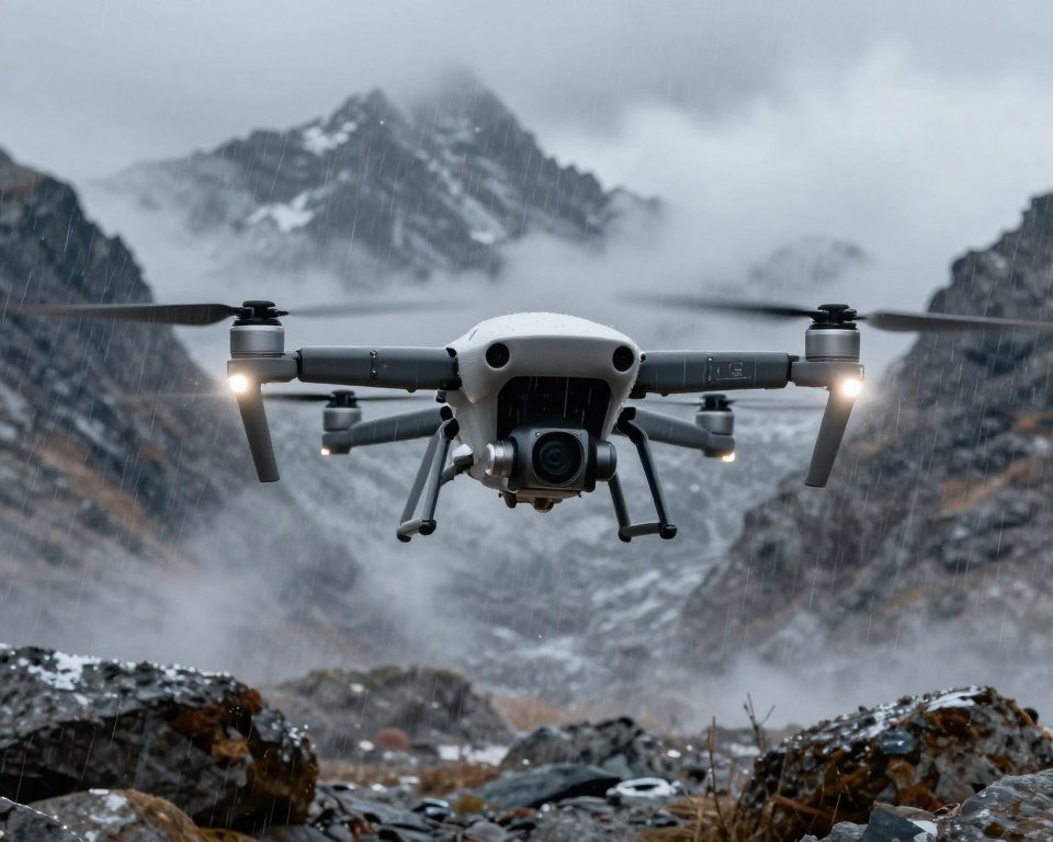 A high-tech drone with an automatic landing feature hovers gracefully above a rugged, extreme landscape, showcasing safety and ease of use. In the foreground, the drone's sleek design is illuminated by bright, focused lighting, highlighting its advanced sensors and robust frame. The middle ground features a tempestuous environment with dramatic weather conditions—strong winds, swirling snow, or heavy rain—emphasizing the drone's capability to operate under challenging circumstances. The background captures a dramatic mountain range or rocky terrain, shrouded in mist, adding an atmosphere of intensity. The image should convey confidence and reliability, evoking a sense of innovation and technological prowess in extreme conditions, with a hint of serenity amidst the chaos. A high-tech drone with an automatic landing feature hovers gracefully above a rugged, extreme landscape, showcasing safety and ease of use. In the foreground, the drone's sleek design is illuminated by bright, focused lighting, highlighting its advanced sensors and robust frame. The middle ground features a tempestuous environment with dramatic weather conditions—strong winds, swirling snow, or heavy rain—emphasizing the drone's capability to operate under challenging circumstances. The background captures a dramatic mountain range or rocky terrain, shrouded in mist, adding an atmosphere of intensity. The image should convey confidence and reliability, evoking a sense of innovation and technological prowess in extreme conditions, with a hint of serenity amidst the chaos.