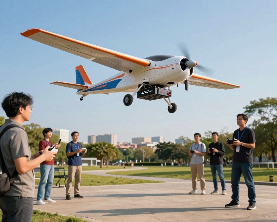 A high-tech remote control airplane (RC) showcasing its advanced rechargeable battery technology, hovering gracefully against a clear blue sky. In the foreground, the sleek design of the airplane features vibrant colors and intricate details, highlighting its aerodynamic shape and modern materials. The middle ground reveals a sunny park setting, with enthusiasts in professional casual attire operating remote controls, showcasing a dynamic interaction with the aircraft. In the background, a distant view of city buildings and trees enhances the outdoor ambiance, under soft sunlight that casts gentle shadows. The overall mood is innovative and exciting, capturing the spirit of technology and development in RC aviation. The composition is shot from a slightly low angle, emphasizing the plane’s altitude and advanced capabilities, while ensuring it remains a captivating focal point of the image. A high-tech remote control airplane (RC) showcasing its advanced rechargeable battery technology, hovering gracefully against a clear blue sky. In the foreground, the sleek design of the airplane features vibrant colors and intricate details, highlighting its aerodynamic shape and modern materials. The middle ground reveals a sunny park setting, with enthusiasts in professional casual attire operating remote controls, showcasing a dynamic interaction with the aircraft. In the background, a distant view of city buildings and trees enhances the outdoor ambiance, under soft sunlight that casts gentle shadows. The overall mood is innovative and exciting, capturing the spirit of technology and development in RC aviation. The composition is shot from a slightly low angle, emphasizing the plane’s altitude and advanced capabilities, while ensuring it remains a captivating focal point of the image.