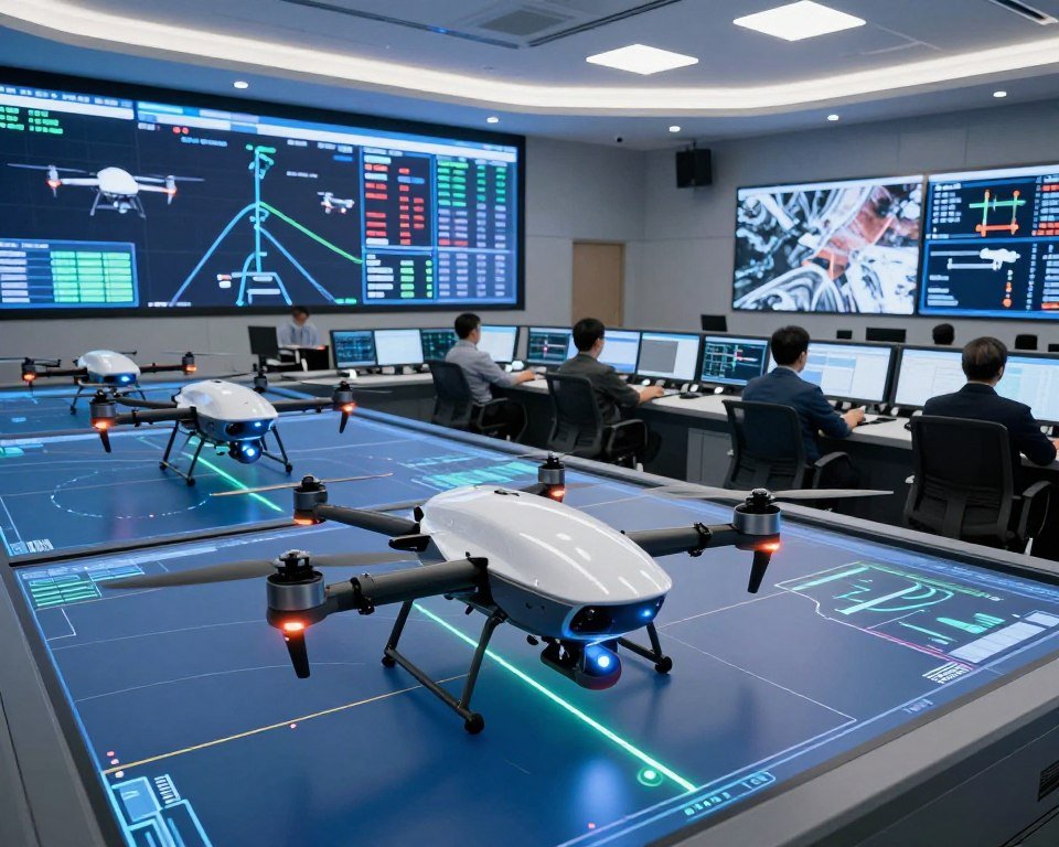 A high-tech scene depicting a fleet management system for automatic landing drones in a modern control room environment. In the foreground, sleek drones with advanced sensors and lights are displayed on digital screens, showcasing their flight paths and landing zones with dynamic graphs. The middle layer features operators in professional attire, focused on monitoring the drone fleet's operation through interactive touchscreen interfaces. The background includes large LED displays showing real-time data and satellite images, with bright, ambient lighting to enhance a cutting-edge technology atmosphere. The composition should convey a sense of innovation and precision, using a wide-angle perspective to capture the bustling activity within the control room, under a cool blue and white color scheme that promotes a professional tone. A high-tech scene depicting a fleet management system for automatic landing drones in a modern control room environment. In the foreground, sleek drones with advanced sensors and lights are displayed on digital screens, showcasing their flight paths and landing zones with dynamic graphs. The middle layer features operators in professional attire, focused on monitoring the drone fleet's operation through interactive touchscreen interfaces. The background includes large LED displays showing real-time data and satellite images, with bright, ambient lighting to enhance a cutting-edge technology atmosphere. The composition should convey a sense of innovation and precision, using a wide-angle perspective to capture the bustling activity within the control room, under a cool blue and white color scheme that promotes a professional tone.