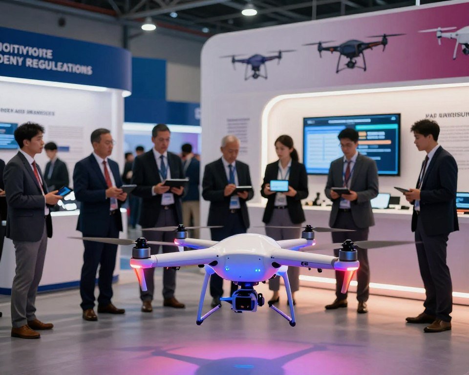 A highly detailed scene showcasing a drone exhibition focused on safety and regulations. In the foreground, a modern, luminous drone, featuring vibrant LED lights and equipped with safety features, hovers gracefully. In the middle ground, a diverse group of professionals in business attire attentively inspects safety guidelines displayed on tablets and digital screens, discussing compliance aspects. The background features a dynamic exhibition setting with large banners illustrating drone regulations, a well-lit environment with soft, diffused lighting to create an engaging and professional atmosphere. A wide-angle view captures the essence of collaboration and innovation, emphasizing the importance of safety in drone exhibitions, with smooth gradients of color enhancing the visual appeal.
