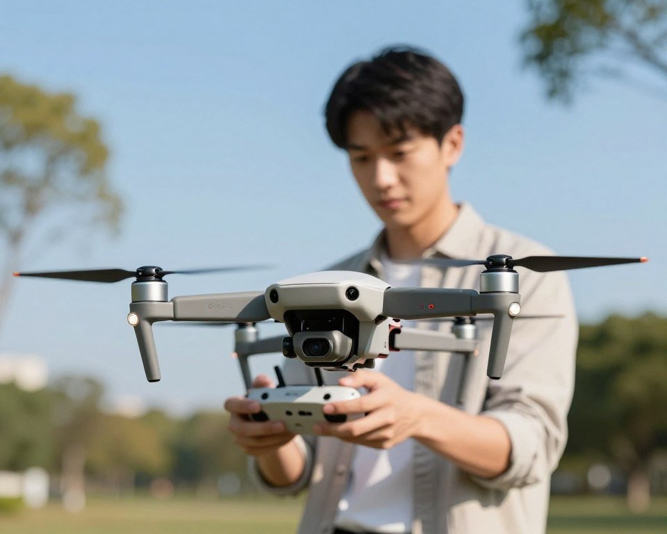 A lightweight drone designed for ease of control, prominently displayed in the foreground against a blurred outdoor backdrop of a clear blue sky. The drone is sleek and compact, showcasing its small size, with rotors that appear sturdy yet aerodynamic. In the middle ground, a beginner pilot, dressed in casual but neat attire, is focused on maneuvering the drone with a remote controller, embodying a sense of concentration and enthusiasm. The background features a sunny park setting with gentle trees swaying in a light breeze, enhancing the peaceful atmosphere. The lighting is bright and natural, accentuating the drone's details and the pilot's expressions, while the angle captures an engaging perspective, making the drone the clear focal point of the image. A lightweight drone designed for ease of control, prominently displayed in the foreground against a blurred outdoor backdrop of a clear blue sky. The drone is sleek and compact, showcasing its small size, with rotors that appear sturdy yet aerodynamic. In the middle ground, a beginner pilot, dressed in casual but neat attire, is focused on maneuvering the drone with a remote controller, embodying a sense of concentration and enthusiasm. The background features a sunny park setting with gentle trees swaying in a light breeze, enhancing the peaceful atmosphere. The lighting is bright and natural, accentuating the drone's details and the pilot's expressions, while the angle captures an engaging perspective, making the drone the clear focal point of the image.