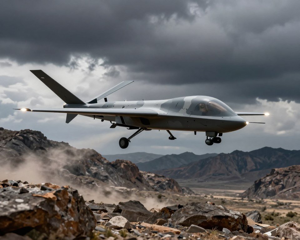 A military drone in action, soaring high above a rugged, extreme landscape characterized by rocky mountains and a turbulent sky. In the foreground, the drone's sleek design is highlighted with angular accents and a matte camouflage finish, showing advanced technology and aerodynamic features. The middle ground captures the harsh environment, with harsh winds whipping through rocky outcrops and dark storm clouds rolling in, creating a dramatic backdrop. The lighting is dynamic, with flashes of light illuminating the drone, enhancing its high-tech details. The atmosphere conveys urgency and resilience, emphasizing the drone's operational capabilities in challenging conditions, evoking a sense of power and innovation in military applications. A military drone in action, soaring high above a rugged, extreme landscape characterized by rocky mountains and a turbulent sky. In the foreground, the drone's sleek design is highlighted with angular accents and a matte camouflage finish, showing advanced technology and aerodynamic features. The middle ground captures the harsh environment, with harsh winds whipping through rocky outcrops and dark storm clouds rolling in, creating a dramatic backdrop. The lighting is dynamic, with flashes of light illuminating the drone, enhancing its high-tech details. The atmosphere conveys urgency and resilience, emphasizing the drone's operational capabilities in challenging conditions, evoking a sense of power and innovation in military applications.