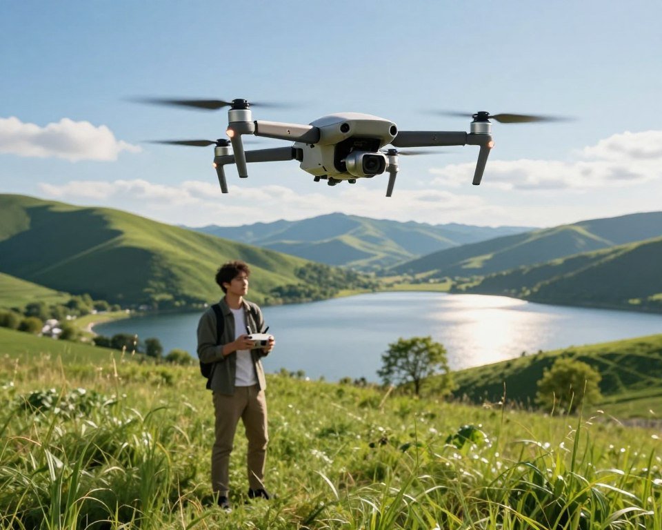 A modern drone in flight, showcasing its precise control over a stunning landscape. In the foreground, a professional content creator, dressed in smart casual clothing, stands with a remote control in hand, focused and ready to capture breathtaking aerial footage. Surrounding the drone, vibrant green hills and a clear blue sky set the scene, with soft, natural lighting highlighting the drone's sleek design. In the middle ground, a picturesque lake reflects the sunlight, while a few trees gently sway, adding to the tranquil atmosphere. The background features distant mountains, creating depth and perspective. The overall mood is one of inspiration and creativity, presenting the advantages of using a precise drone for content creation.