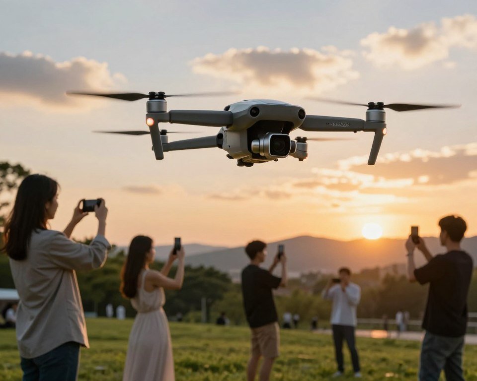 A modern drone soaring gracefully above a picturesque landscape, capturing the essence of recreational use, social media sharing, and professional photography. In the foreground, a drone equipped with a high-resolution camera is shown in sharp detail, emphasizing its sleek design with rotating propellers. In the middle ground, a lush park setting features diverse groups of individuals—professionally dressed and modestly attired—engaging with their smartphones, sharing photos, and enjoying the drone's flight. The background showcases a vibrant sunset sky, casting warm golden hues over rolling hills, with wispy clouds that add depth and tranquility to the scene. The image should have bright, natural lighting to enhance the dynamics of the moment, evoking a sense of excitement and creativity related to drone applications in leisure and art. A modern drone soaring gracefully above a picturesque landscape, capturing the essence of recreational use, social media sharing, and professional photography. In the foreground, a drone equipped with a high-resolution camera is shown in sharp detail, emphasizing its sleek design with rotating propellers. In the middle ground, a lush park setting features diverse groups of individuals—professionally dressed and modestly attired—engaging with their smartphones, sharing photos, and enjoying the drone's flight. The background showcases a vibrant sunset sky, casting warm golden hues over rolling hills, with wispy clouds that add depth and tranquility to the scene. The image should have bright, natural lighting to enhance the dynamics of the moment, evoking a sense of excitement and creativity related to drone applications in leisure and art.