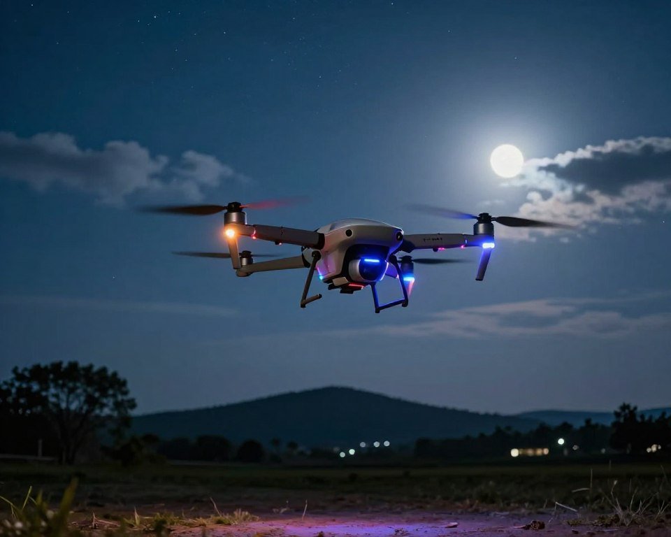 A nighttime scene featuring a sleek, modern drone equipped with vibrant LED lights hovering in a clear, starry sky. In the foreground, showcase the drone illuminated by its own multicolored lights, with a soft glow reflecting off nearby trees, emphasizing the advantages of visibility and safety during night flights. In the middle ground, a calm landscape with gentle hills silhouettes against the night sky, enhancing the tranquility of nighttime operation. The background displays a few scattered clouds, allowing the moonlight to shine through, creating a serene atmosphere. The overall mood should evoke safety and innovation in technology. Use a slight wide-angle perspective to capture the dramatic lighting of the drone, while ensuring the composition remains professional and clean, devoid of any distractions. A nighttime scene featuring a sleek, modern drone equipped with vibrant LED lights hovering in a clear, starry sky. In the foreground, showcase the drone illuminated by its own multicolored lights, with a soft glow reflecting off nearby trees, emphasizing the advantages of visibility and safety during night flights. In the middle ground, a calm landscape with gentle hills silhouettes against the night sky, enhancing the tranquility of nighttime operation. The background displays a few scattered clouds, allowing the moonlight to shine through, creating a serene atmosphere. The overall mood should evoke safety and innovation in technology. Use a slight wide-angle perspective to capture the dramatic lighting of the drone, while ensuring the composition remains professional and clean, devoid of any distractions.