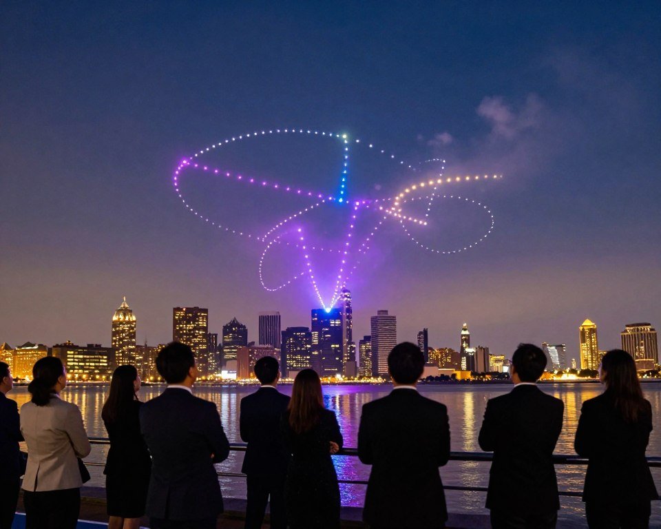 A nighttime scene showcasing an impressive drone light show illuminating a vibrant urban skyline. In the foreground, a group of professionally attired individuals watches in awe, their silhouettes outlined by the colorful lights. The middle ground features the drone formation creating intricate patterns in the sky, casting dynamic reflections on nearby water. The background reveals a cityscape with skyscrapers and a dusky sky, accentuated by a gradient of deep blues and purples transitioning into glowing gold. Soft lighting highlights the expressions of amazement on the onlookers' faces, while the overall atmosphere is festive and exhilarating, capturing the essence of innovative technology and its impact on live events.