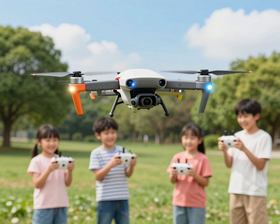 A playful scene featuring a colorful toy drone in action, flying above a vibrant, well-lit park setting. In the foreground, the drone is shown in sharp detail, showcasing its sleek design, bright LED lights, and propellers in motion. In the middle, children are joyfully controlling remote handheld devices, dressed in casual clothing, engaged in fun, demonstrating the drone's features. The background includes lush green trees and a clear blue sky dotted with a few fluffy clouds, adding to a cheerful atmosphere. The image is illuminated with soft, natural sunlight, creating an inviting and lively mood, making it perfect for illustrating essential characteristics in a toy drone. A playful scene featuring a colorful toy drone in action, flying above a vibrant, well-lit park setting. In the foreground, the drone is shown in sharp detail, showcasing its sleek design, bright LED lights, and propellers in motion. In the middle, children are joyfully controlling remote handheld devices, dressed in casual clothing, engaged in fun, demonstrating the drone's features. The background includes lush green trees and a clear blue sky dotted with a few fluffy clouds, adding to a cheerful atmosphere. The image is illuminated with soft, natural sunlight, creating an inviting and lively mood, making it perfect for illustrating essential characteristics in a toy drone.