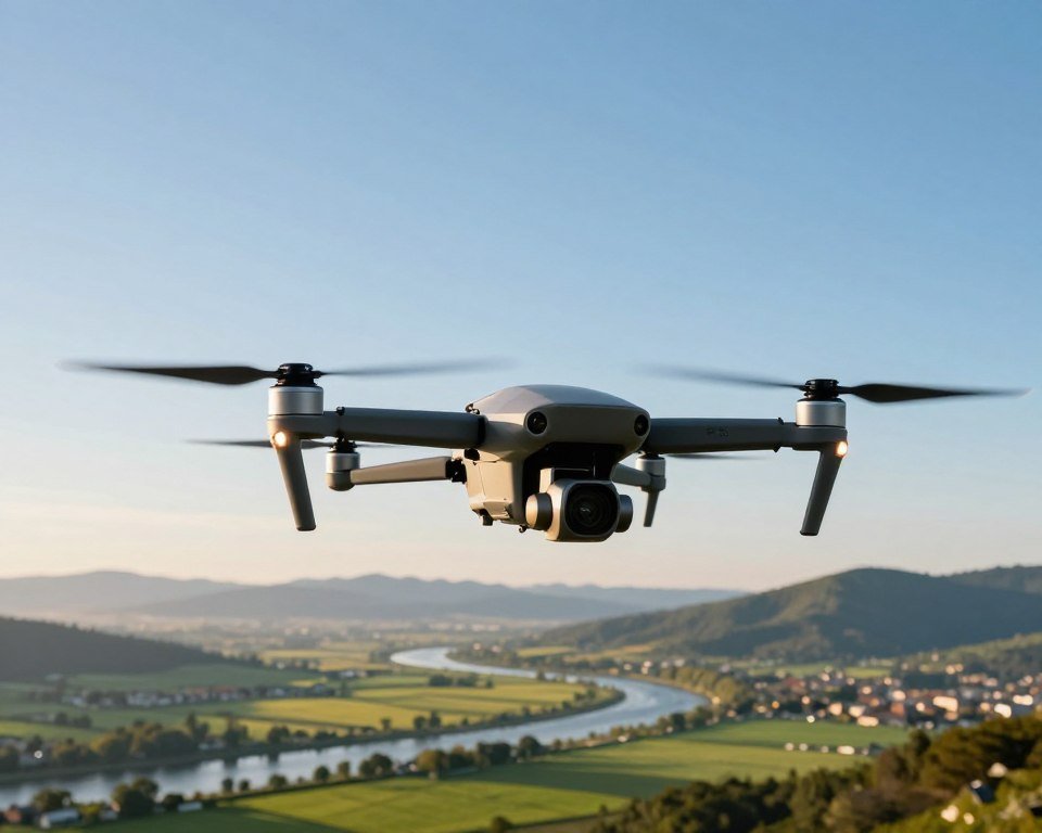 A powerful high-tech drone soaring through a clear blue sky, showcasing its sleek design and robust features. In the foreground, highlight the drone with sharp details, emphasizing its propellers and camera system. In the middle ground, depict a scenic landscape below, featuring lush green fields and a winding river, suggesting the drone's capability for aerial photography and surveying. In the background, distant mountains rise under soft, golden sunlight, creating a serene atmosphere. Use a wide-angle lens perspective to capture the expansive view, with the drone prominently positioned in the lower third of the frame. The mood is adventurous and innovative, reflecting the benefits of flying with a high-powered drone.