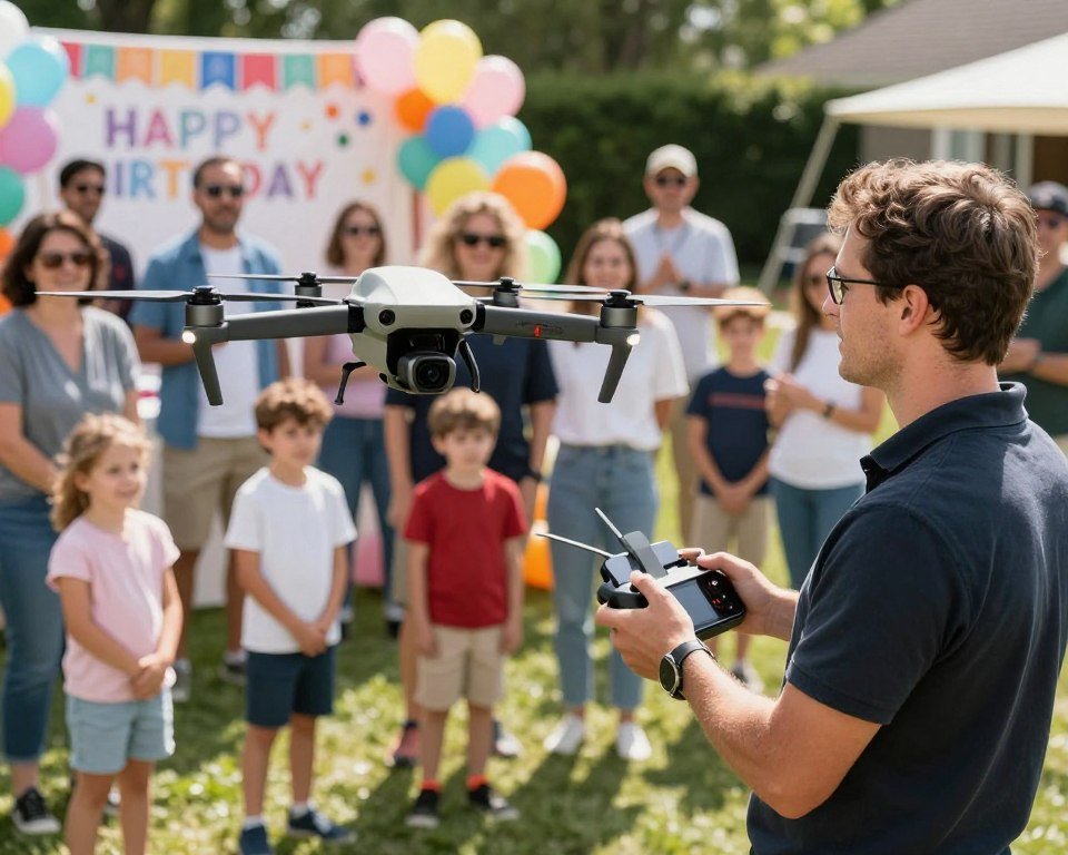 A professional drone operator demonstrating advanced drone technology at a vibrant outdoor birthday event. In the foreground, capture an expert in smart casual attire skillfully controlling a sleek, modern drone. In the middle ground, a diverse group of engaged attendees, including families and friends, watching in awe as the drone hovers, showcasing its capabilities. The background features a beautifully decorated birthday setting with colorful balloons and a festive banner. The scene is illuminated by bright, natural sunlight, emphasizing the excitement of the event. Use a slightly elevated angle to capture the entire scene, conveying a mood of joy and innovation, highlighting the professionalism in using drones for memorable celebrations. A professional drone operator demonstrating advanced drone technology at a vibrant outdoor birthday event. In the foreground, capture an expert in smart casual attire skillfully controlling a sleek, modern drone. In the middle ground, a diverse group of engaged attendees, including families and friends, watching in awe as the drone hovers, showcasing its capabilities. The background features a beautifully decorated birthday setting with colorful balloons and a festive banner. The scene is illuminated by bright, natural sunlight, emphasizing the excitement of the event. Use a slightly elevated angle to capture the entire scene, conveying a mood of joy and innovation, highlighting the professionalism in using drones for memorable celebrations.
