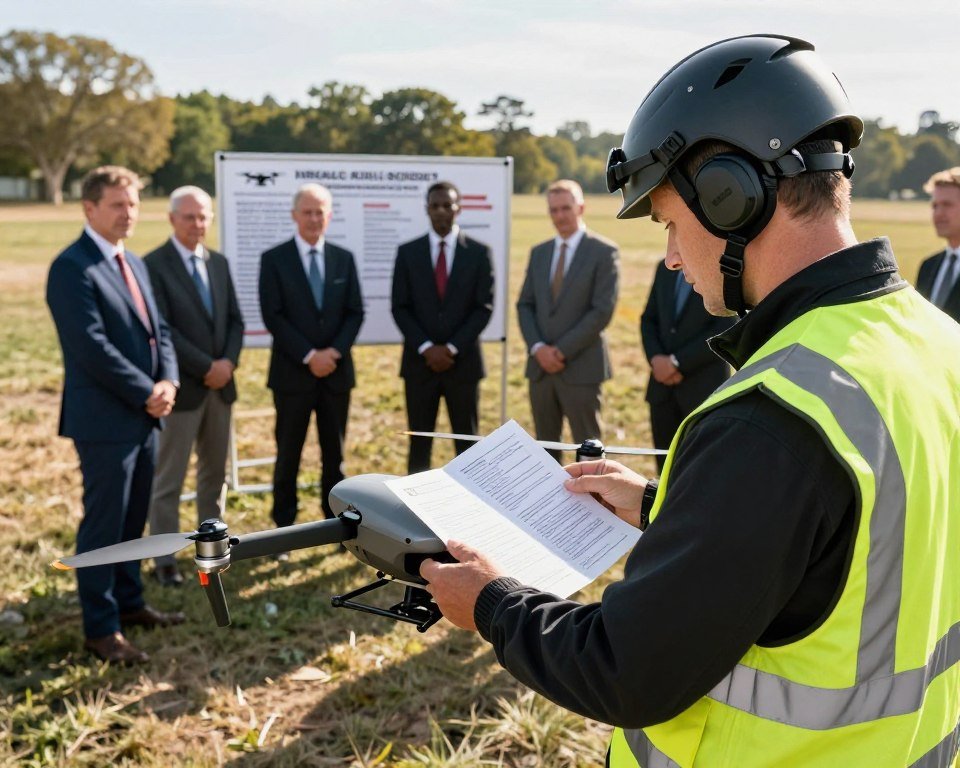 A professional drone operator inspecting safety regulations in an outdoor setting. In the foreground, the operator, dressed in a reflective safety vest and helmet, closely examines a drone with visible safety labels and compliance documentation. In the middle ground, a diverse group of people in business attire gather around a display board featuring drone safety guidelines and operational protocols. The background showcases a sunny landscape with trees and open fields, symbolizing ideal outdoor conditions for drone usage. Soft, natural lighting accentuates the scene, enhancing the atmosphere of professionalism and safety. A slightly elevated angle captures the operator's focused interaction with the drone, emphasizing the importance of safety in outdoor drone activities.