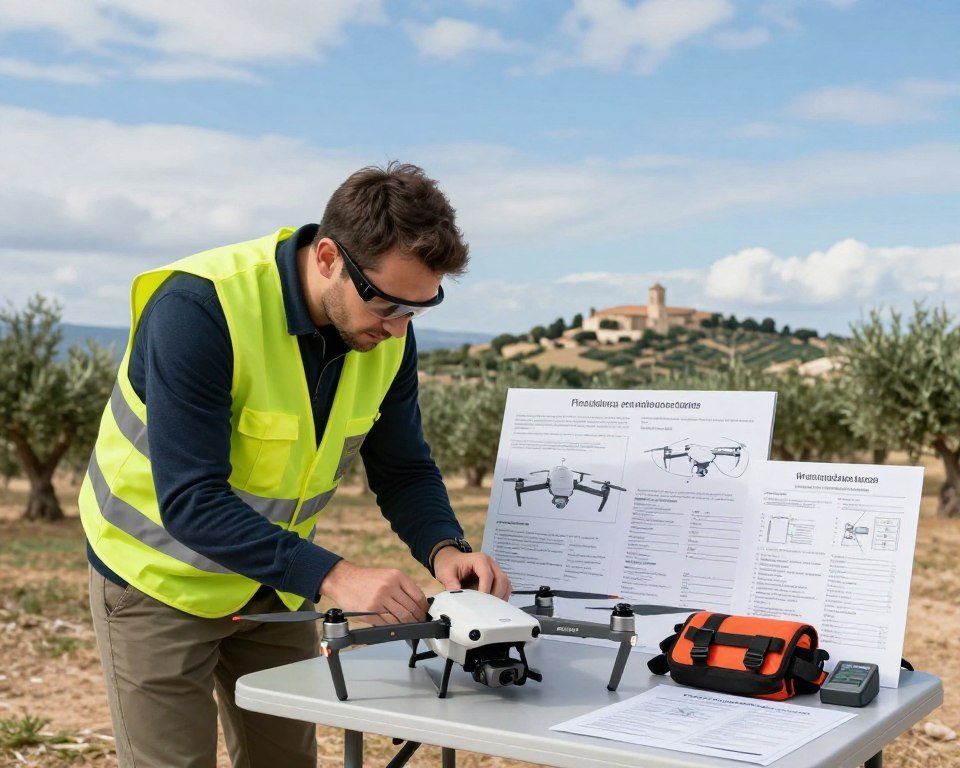 A professional drone pilot inspecting a small drone in an outdoor setting in Spain. In the foreground, the pilot, dressed in smart casual attire, meticulously checks the drone's components for safety compliance, surrounded by essential safety gear like a high-visibility vest and protective glasses. The middle ground features various informative safety diagrams and checklists prominently displayed on a portable table, hinting at regulatory compliance procedures. In the background, a clear blue sky with soft clouds rolls over a scenic Spanish landscape, showcasing landmarks like olive groves and hills. The lighting is bright and natural, highlighting the serene yet diligent atmosphere. The image should capture a sense of responsibility and awareness of drone safety regulations, creating an inviting yet professional tone. A professional drone pilot inspecting a small drone in an outdoor setting in Spain. In the foreground, the pilot, dressed in smart casual attire, meticulously checks the drone's components for safety compliance, surrounded by essential safety gear like a high-visibility vest and protective glasses. The middle ground features various informative safety diagrams and checklists prominently displayed on a portable table, hinting at regulatory compliance procedures. In the background, a clear blue sky with soft clouds rolls over a scenic Spanish landscape, showcasing landmarks like olive groves and hills. The lighting is bright and natural, highlighting the serene yet diligent atmosphere. The image should capture a sense of responsibility and awareness of drone safety regulations, creating an inviting yet professional tone.