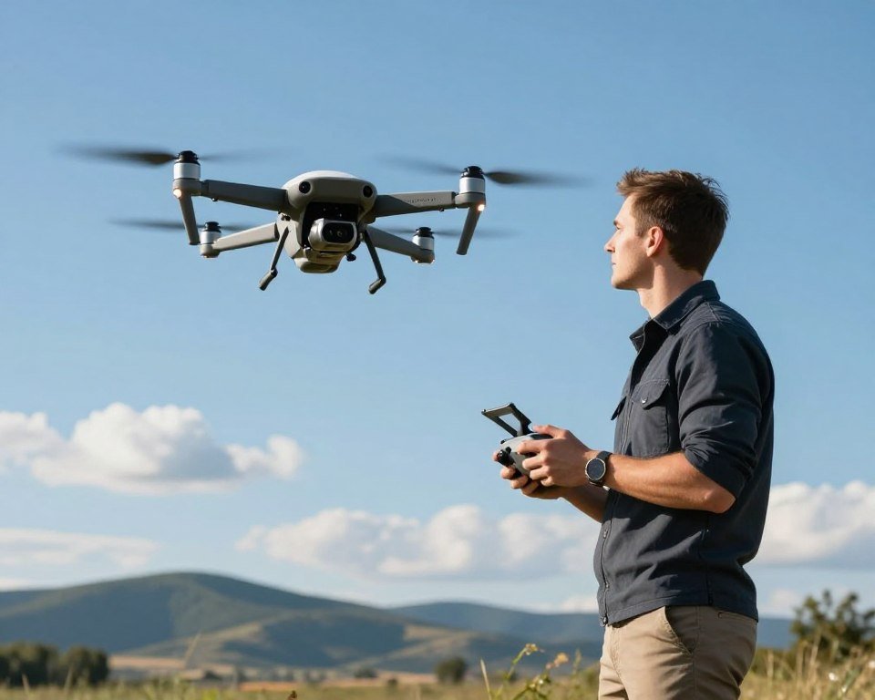A professional drone pilot skillfully maneuvering a drone in a clear blue sky, focusing on best practices for stable flight. In the foreground, the pilot is wearing a smart casual outfit, standing confidently with a remote control in hand. The middle ground features a sleek drone hovering steadily, showcasing advanced stability technology. In the background, a serene landscape with rolling hills and a few fluffy clouds adds depth and context to the scene. The lighting is bright and natural, simulating midday sunshine, while the angle captures the pilot and the drone in dynamic harmony. The mood conveys professionalism and expertise, emphasizing the importance of safety and precision in drone operation.