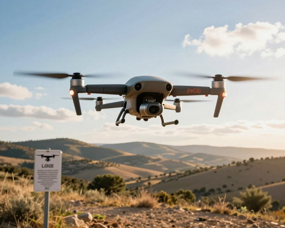 A professional drone soaring high in the sky over a scenic Spanish landscape, capturing the essence of drone regulations in Spain. The foreground features the drone in sharp focus, showcasing its powerful motor and sleek design, detailed with vibrant colors and realistic textures. In the middle ground, rolling hills represent the natural beauty of Spain, while subtle signs of drone regulations, like a small, modern lost drone sign and guidelines, are visible. The background shows a clear blue sky with soft clouds, symbolizing freedom and innovation. The image is bathed in warm sunlight, creating a hopeful and informative atmosphere, with a slight lens flare effect for added depth. Aerial view perspective emphasizes the drone's significance within the Spanish context, highlighting the harmony between technology and nature.
