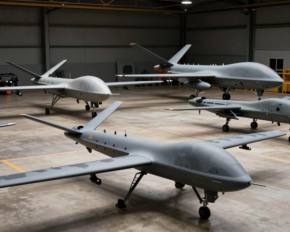 A robust military drone evolution, showcasing various design improvements over time. In the foreground, feature a sleek, modern drone model with enhanced aerodynamics, advanced sensors, and camouflage patterns. The middle layer features older models of military drones, slightly worn, illustrating the progression of technology. The background captures a military hangar with subdued lighting, highlighting the drones with soft, focused beams. The atmosphere is serious and professional, emphasizing innovation and military purpose. Use a wide-angle perspective to encompass the entirety of the scene, creating a sense of depth and evolution. The overall mood should convey a mix of sophistication and strength, aligning with advanced military technology. A robust military drone evolution, showcasing various design improvements over time. In the foreground, feature a sleek, modern drone model with enhanced aerodynamics, advanced sensors, and camouflage patterns. The middle layer features older models of military drones, slightly worn, illustrating the progression of technology. The background captures a military hangar with subdued lighting, highlighting the drones with soft, focused beams. The atmosphere is serious and professional, emphasizing innovation and military purpose. Use a wide-angle perspective to encompass the entirety of the scene, creating a sense of depth and evolution. The overall mood should convey a mix of sophistication and strength, aligning with advanced military technology.