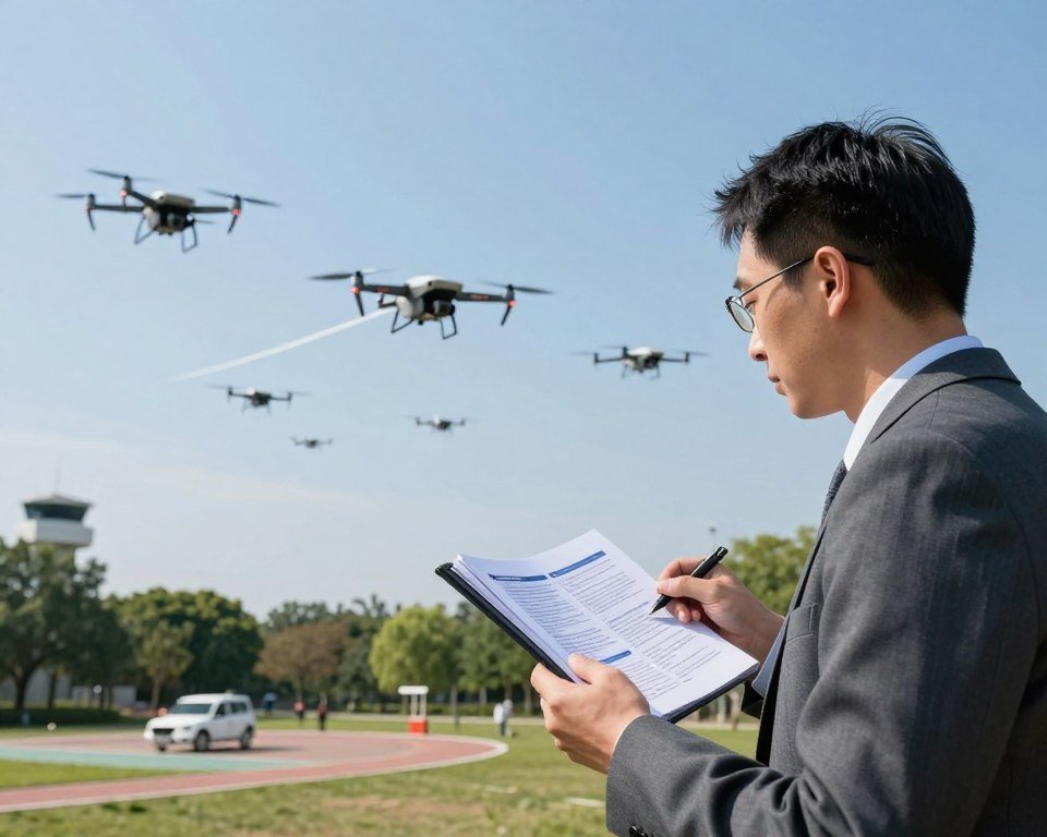 A scene depicting drone safety and regulations in action, featuring a professional drone operator in business attire, inspecting a high-tech drone on a sunny day. In the foreground, the operator examines the drone with a detailed handbook, showcasing safety protocols. The middle ground features a clear sky dotted with various drones flying in structured formations, adhering to regulation lines. In the background, a landscape of a lush park, with a distant control tower and designated landing areas for drones. The lighting is bright, emphasizing the clear blue sky, and the angle is slightly low, creating a dynamic perspective of the operator and flying drones. The mood conveys a sense of professionalism and meticulous attention to safety and compliance in drone operations. A scene depicting drone safety and regulations in action, featuring a professional drone operator in business attire, inspecting a high-tech drone on a sunny day. In the foreground, the operator examines the drone with a detailed handbook, showcasing safety protocols. The middle ground features a clear sky dotted with various drones flying in structured formations, adhering to regulation lines. In the background, a landscape of a lush park, with a distant control tower and designated landing areas for drones. The lighting is bright, emphasizing the clear blue sky, and the angle is slightly low, creating a dynamic perspective of the operator and flying drones. The mood conveys a sense of professionalism and meticulous attention to safety and compliance in drone operations.