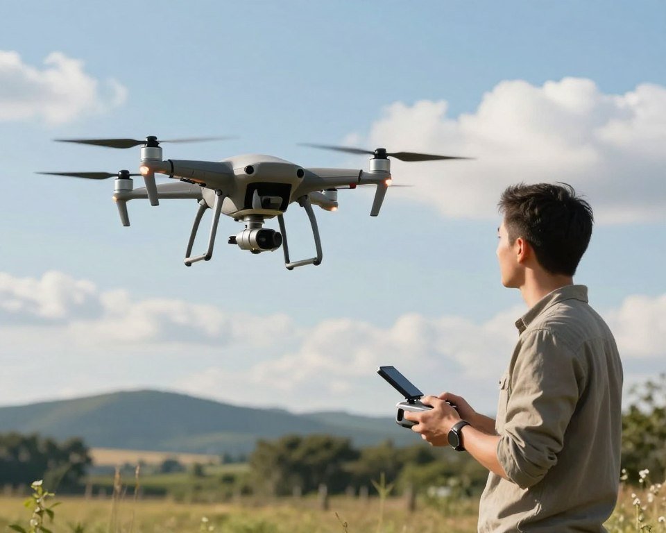 A scenic outdoor setting illustrating safe practices for drone usage. In the foreground, a professional-looking individual, dressed in modest casual clothing, is holding a drone with a focused expression. The middle ground features a detailed quadcopter in a hovering position, with visible safety features highlighted, such as propeller guards. In the background, a clear blue sky with soft, fluffy clouds enhances the feeling of a perfect flying day, while a distant landscape of rolling hills and trees adds depth. The lighting is bright and natural, capturing a sunny afternoon ambiance. The overall mood conveys a sense of responsibility and excitement about drone flying, emphasizing safety and efficiency in operation.