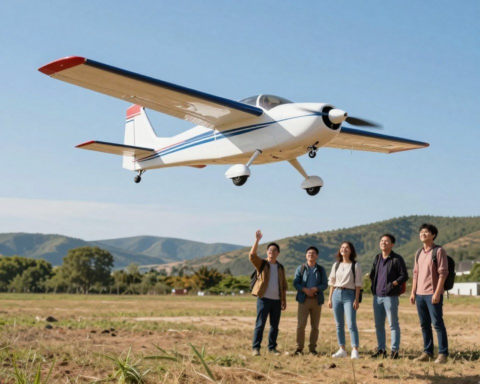 A scenic view of a remote-controlled airplane soaring through a bright blue sky, showcasing its sleek design and vibrant colors. In the foreground, the airplane is displayed with a focus on its aerodynamic shape, shiny surface, and detailed features such as propellers and control surfaces. The middle ground features an open field with a small group of enthusiastic hobbyists, dressed in casual outdoor clothing, observing the flight with smiles of joy and excitement. In the background, rolling hills and trees provide a serene natural landscape, enhancing the sense of freedom associated with flying. The lighting is bright and sunny, casting soft shadows, while the angle captures the excitement of flight, conveying a joyful and adventurous atmosphere perfect for illustrating the advantages of flying an RC airplane. A scenic view of a remote-controlled airplane soaring through a bright blue sky, showcasing its sleek design and vibrant colors. In the foreground, the airplane is displayed with a focus on its aerodynamic shape, shiny surface, and detailed features such as propellers and control surfaces. The middle ground features an open field with a small group of enthusiastic hobbyists, dressed in casual outdoor clothing, observing the flight with smiles of joy and excitement. In the background, rolling hills and trees provide a serene natural landscape, enhancing the sense of freedom associated with flying. The lighting is bright and sunny, casting soft shadows, while the angle captures the excitement of flight, conveying a joyful and adventurous atmosphere perfect for illustrating the advantages of flying an RC airplane.