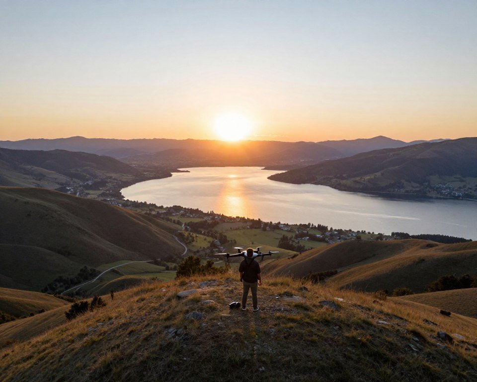 A serene drone aerial photography scene capturing the breathtaking beauty of a vibrant landscape at sunset. In the foreground, a skilled drone operator stands focused, wearing professional casual clothing, ensuring perfect framing of the shot. The middle ground features a scenic vista of rolling hills and a shimmering lake, reflecting the warm golden hues of the setting sun. In the background, distant mountains loom under a clear sky, creating depth and perspective. The scene is lit with soft, warm lighting, enhancing the tranquil atmosphere. The shot is taken with a wide-angle lens from a slightly elevated angle to showcase both the operator and the stunning natural environment, radiating a mood of exploration and creativity in aerial videography. A serene drone aerial photography scene capturing the breathtaking beauty of a vibrant landscape at sunset. In the foreground, a skilled drone operator stands focused, wearing professional casual clothing, ensuring perfect framing of the shot. The middle ground features a scenic vista of rolling hills and a shimmering lake, reflecting the warm golden hues of the setting sun. In the background, distant mountains loom under a clear sky, creating depth and perspective. The scene is lit with soft, warm lighting, enhancing the tranquil atmosphere. The shot is taken with a wide-angle lens from a slightly elevated angle to showcase both the operator and the stunning natural environment, radiating a mood of exploration and creativity in aerial videography.