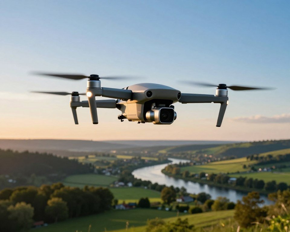 A serene landscape showcasing a lightweight drone in mid-flight, capturing stunning aerial footage. In the foreground, the drone is prominently displayed, featuring its high-definition camera and antennas, with vibrant colors reflecting on its sleek body. The middle ground reveals a lush, green valley below, dotted with trees and a winding river, showcasing the drone's viewing capabilities. In the background, a clear blue sky transitions into a soft sunset, casting warm hues over the scene, enhancing the sense of tranquility. The lighting is natural, with soft shadows emphasizing the drone's sleek design. The overall atmosphere evokes excitement and innovation in technology while focusing on key elements of transmission, camera quality, and flight time. A serene landscape showcasing a lightweight drone in mid-flight, capturing stunning aerial footage. In the foreground, the drone is prominently displayed, featuring its high-definition camera and antennas, with vibrant colors reflecting on its sleek body. The middle ground reveals a lush, green valley below, dotted with trees and a winding river, showcasing the drone's viewing capabilities. In the background, a clear blue sky transitions into a soft sunset, casting warm hues over the scene, enhancing the sense of tranquility. The lighting is natural, with soft shadows emphasizing the drone's sleek design. The overall atmosphere evokes excitement and innovation in technology while focusing on key elements of transmission, camera quality, and flight time.