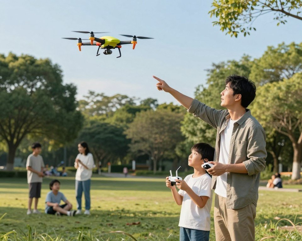 A serene outdoor park setting with a clear blue sky, showcasing a colorful toy drone flying at a safe altitude. In the foreground, a responsible adult, dressed in modest casual clothing, is demonstrating proper drone operation techniques to an attentive child nearby. The child holds a controller, eyes wide with excitement, while the adult points at the sky, indicating safe flying practices. In the middle ground, other families enjoy the space, ensuring the area remains free of congestion. Soft sunlight filters through the trees, casting gentle shadows on the grass, creating a warm and inviting atmosphere. The image focuses on safety, highlighting the importance of supervision and proper guidelines for flying drones safely.