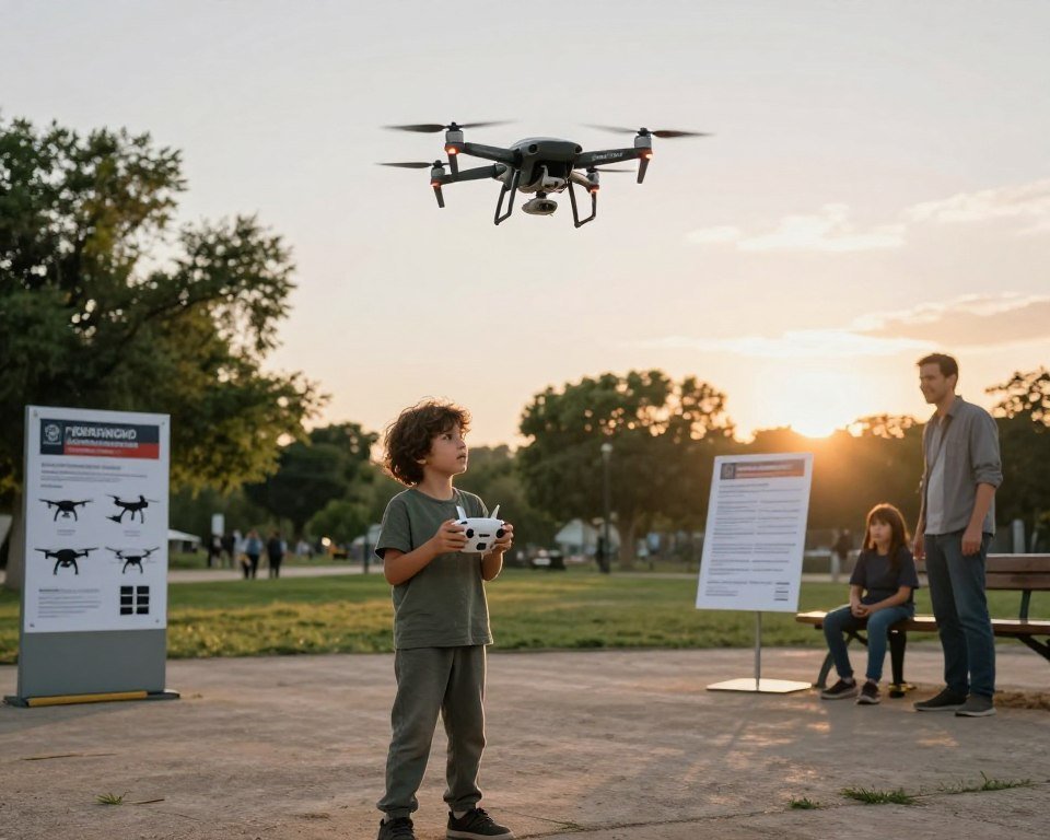 A serene outdoor scene depicting a young child carefully flying a drone in a spacious park setting in Spain. In the foreground, the child is focused on the drone's controls, dressed in casual, modest clothing. Surrounding the child are various elements symbolizing drone regulations, such as posters with icons of flight safety, a drone registration checklist, and a friendly adult providing guidance. The middle ground features trees and open skies, with the drone gracefully soaring above. In the background, a soft sunset casts warm lighting, creating a peaceful atmosphere. The image should capture a sense of responsibility and enjoyment in flying drones while showcasing the importance of regulations and safety in Spain.