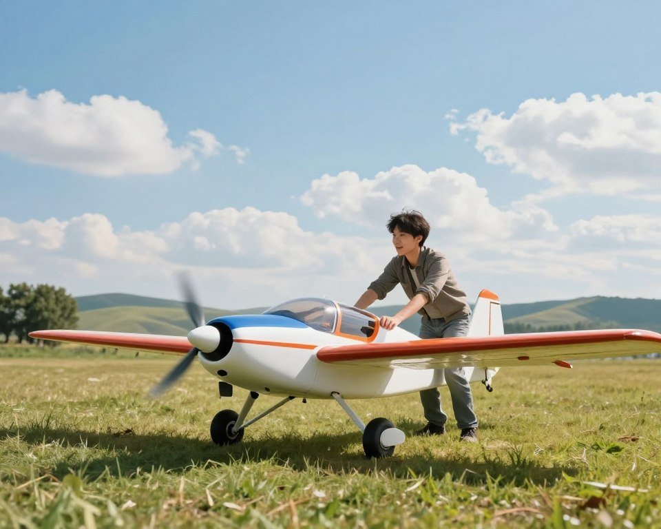 A serene outdoor scene featuring a beginner-friendly RC airplane in vibrant colors, set against a clear blue sky with soft, fluffy clouds. The foreground displays a close-up of the RC airplane on a grassy field, showcasing its sleek design and lightweight structure. In the middle, a young adult in modest casual clothing is preparing to launch the airplane, exuding a sense of excitement and curiosity. The background features gentle rolling hills and a few scattered trees, creating a peaceful atmosphere. Natural sunlight casts soft shadows, enhancing the colors of the airplane and surroundings. The composition is framed from a slightly low angle, emphasizing the airplane and pilot, with a focus on a bright, optimistic mood reflecting the joy of starting a new hobby. A serene outdoor scene featuring a beginner-friendly RC airplane in vibrant colors, set against a clear blue sky with soft, fluffy clouds. The foreground displays a close-up of the RC airplane on a grassy field, showcasing its sleek design and lightweight structure. In the middle, a young adult in modest casual clothing is preparing to launch the airplane, exuding a sense of excitement and curiosity. The background features gentle rolling hills and a few scattered trees, creating a peaceful atmosphere. Natural sunlight casts soft shadows, enhancing the colors of the airplane and surroundings. The composition is framed from a slightly low angle, emphasizing the airplane and pilot, with a focus on a bright, optimistic mood reflecting the joy of starting a new hobby.