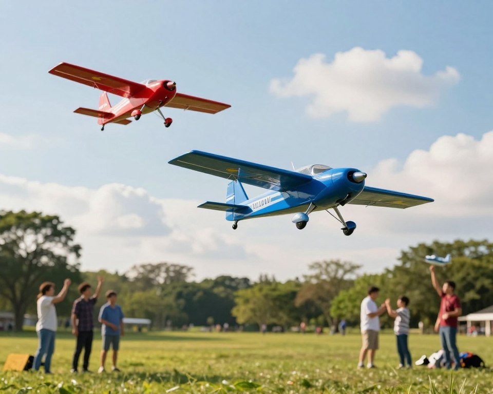 A serene outdoor scene showcasing beginner-friendly remote-controlled airplanes flying gracefully in the sky. In the foreground, two colorful RC airplanes—one bright red and one vibrant blue—are depicted in mid-flight, displaying sleek designs and beginner-friendly features, such as stable wings and easy-to-use controls. In the middle, a lush green park setting with hobbyists, dressed in casual clothing, cheerfully operating their planes. The background features a clear blue sky with fluffy white clouds, bathed in warm, natural sunlight, creating an inviting atmosphere. The image should have a dynamic angle that emphasizes the planes in motion, highlighting their playful nature and the joy of beginner hobbyists. Soft focus on the background enhances the sense of adventure and excitement. A serene outdoor scene showcasing beginner-friendly remote-controlled airplanes flying gracefully in the sky. In the foreground, two colorful RC airplanes—one bright red and one vibrant blue—are depicted in mid-flight, displaying sleek designs and beginner-friendly features, such as stable wings and easy-to-use controls. In the middle, a lush green park setting with hobbyists, dressed in casual clothing, cheerfully operating their planes. The background features a clear blue sky with fluffy white clouds, bathed in warm, natural sunlight, creating an inviting atmosphere. The image should have a dynamic angle that emphasizes the planes in motion, highlighting their playful nature and the joy of beginner hobbyists. Soft focus on the background enhances the sense of adventure and excitement.